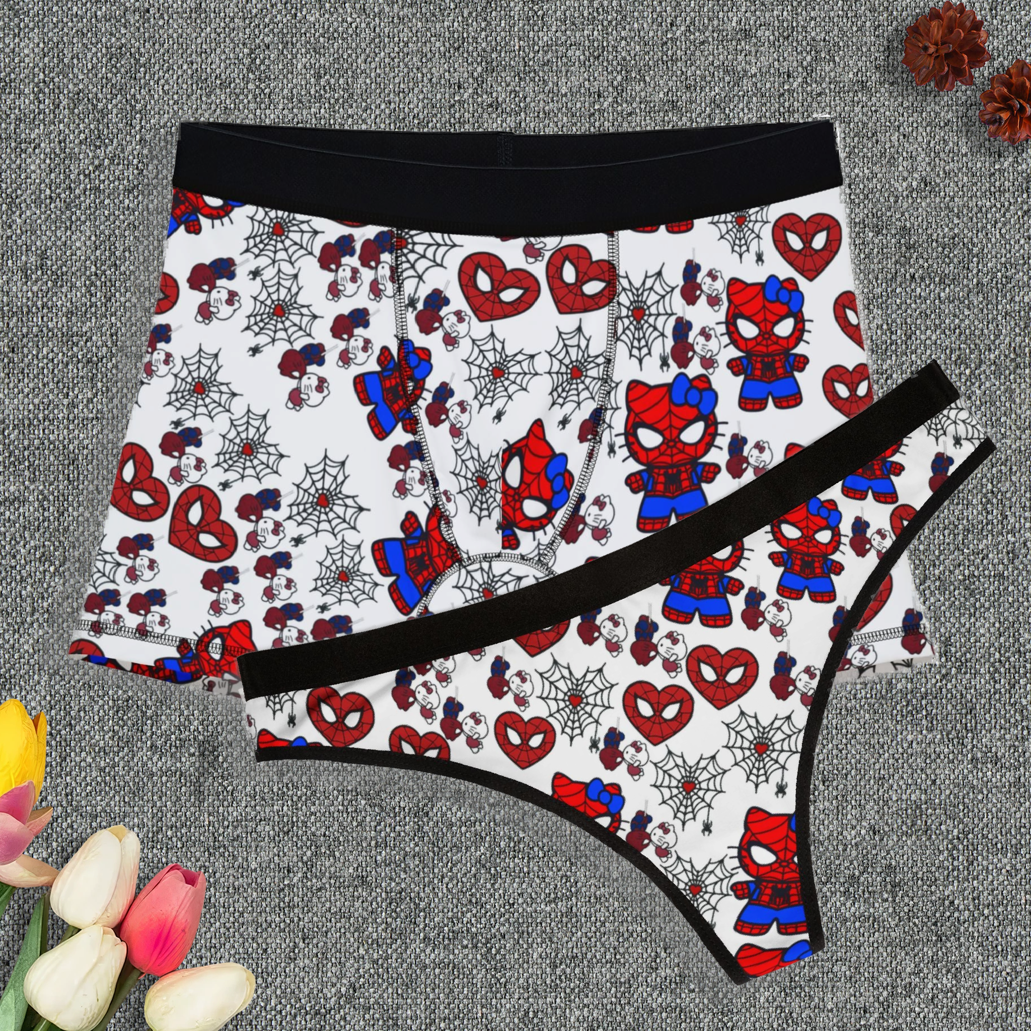 Couples matching  spider kitty kiss white character underwear set boxer and thong