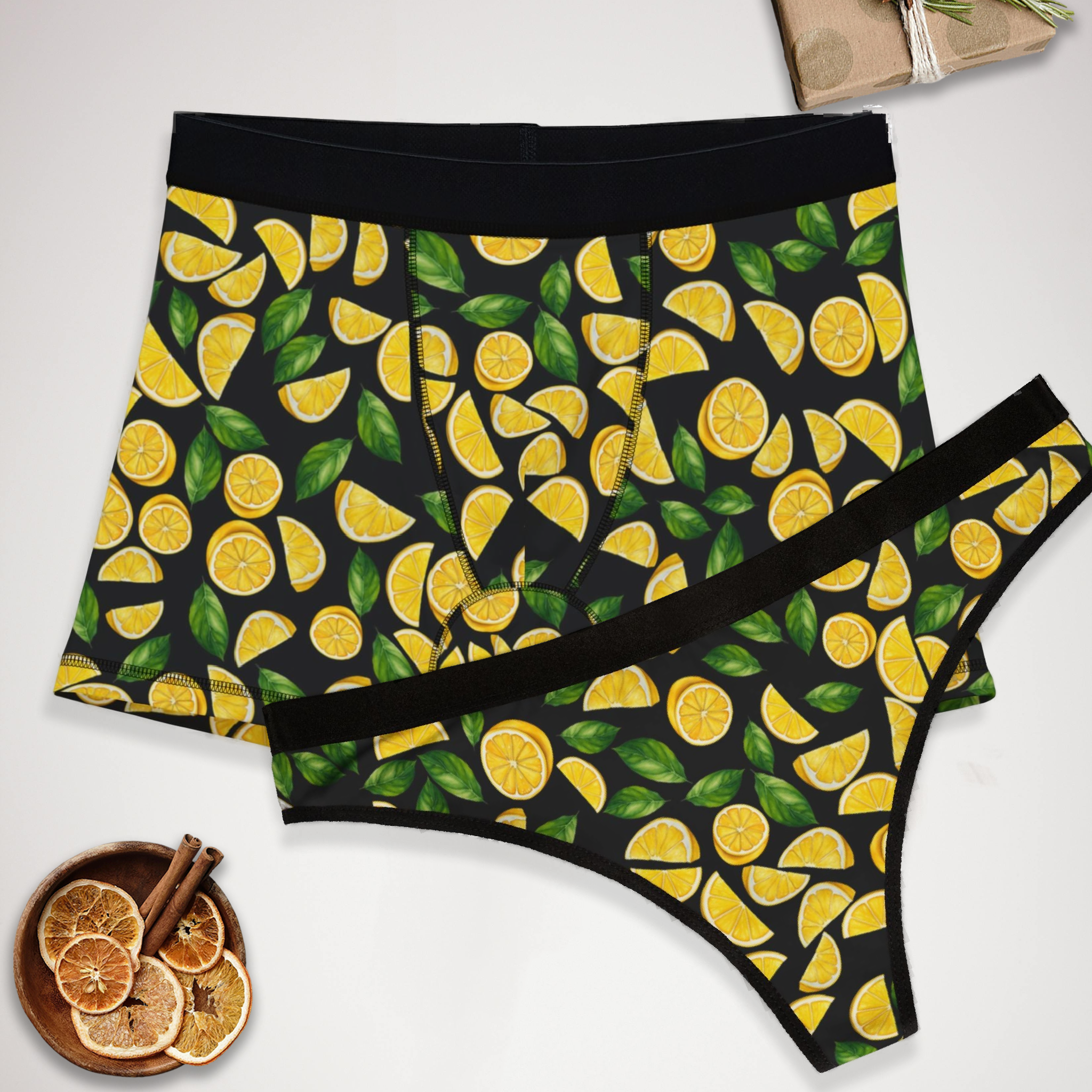 Couples matching  lemon and leaves character underwear set boxer and thong