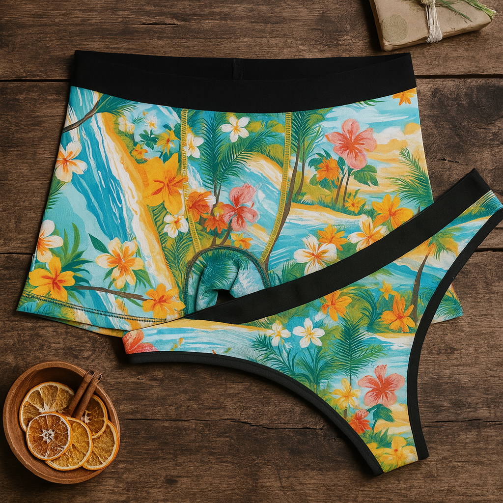 Matching underwear Tropical Summer Beach for couples boxer & thong set