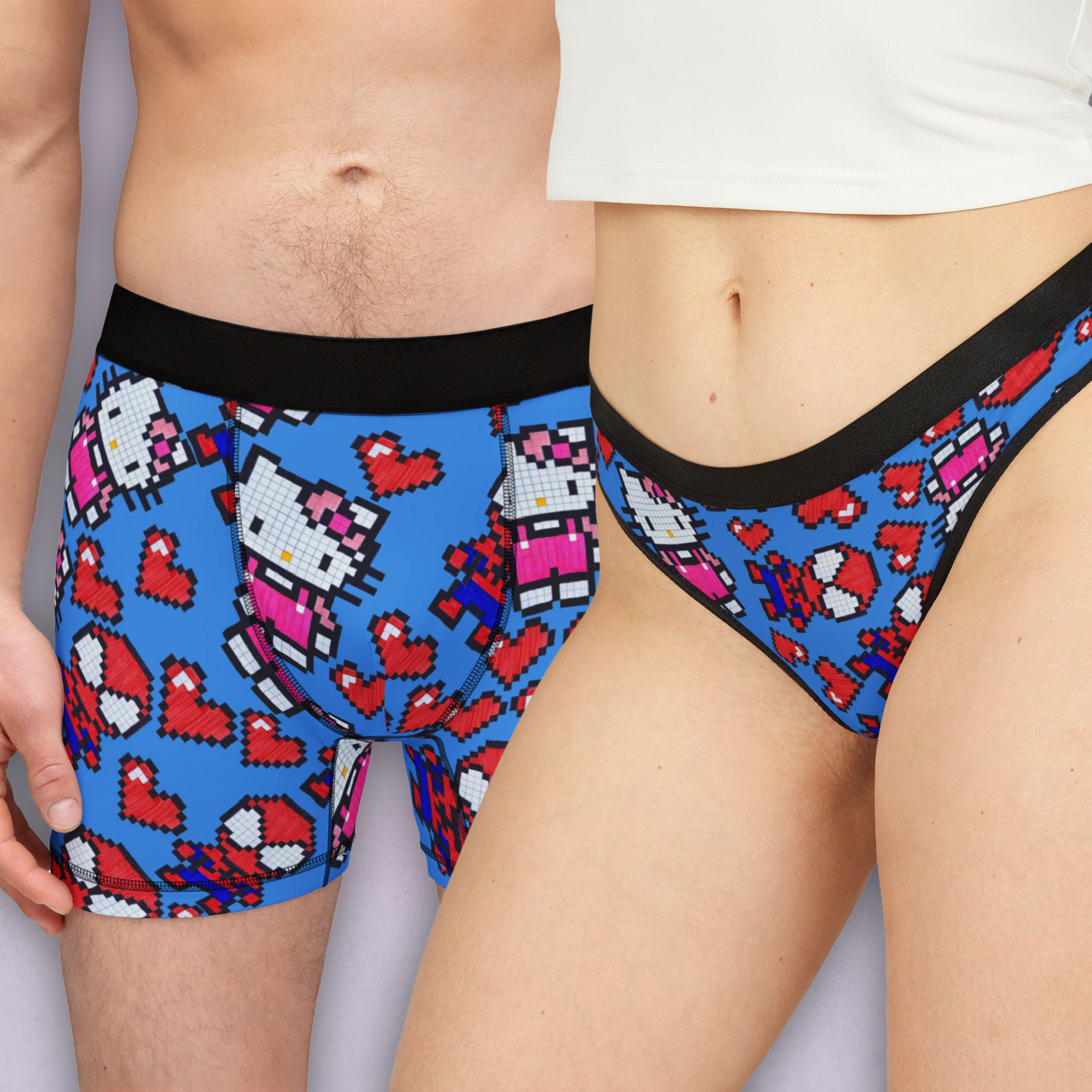 Couples matching  spider kitty pixel heart love valentine character underwear set boxer and thong