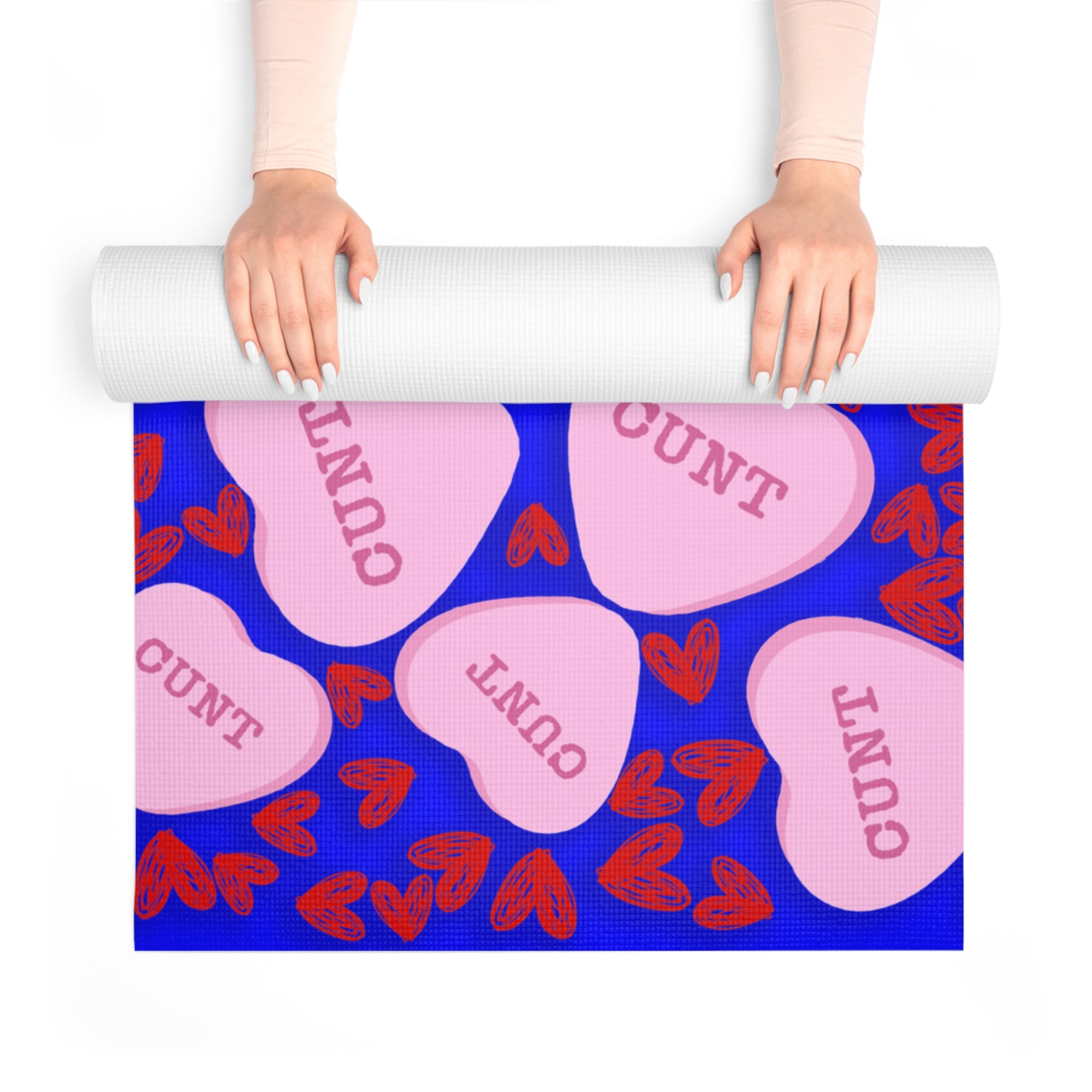 Foam yoga mat cunt candy heart shape message blue