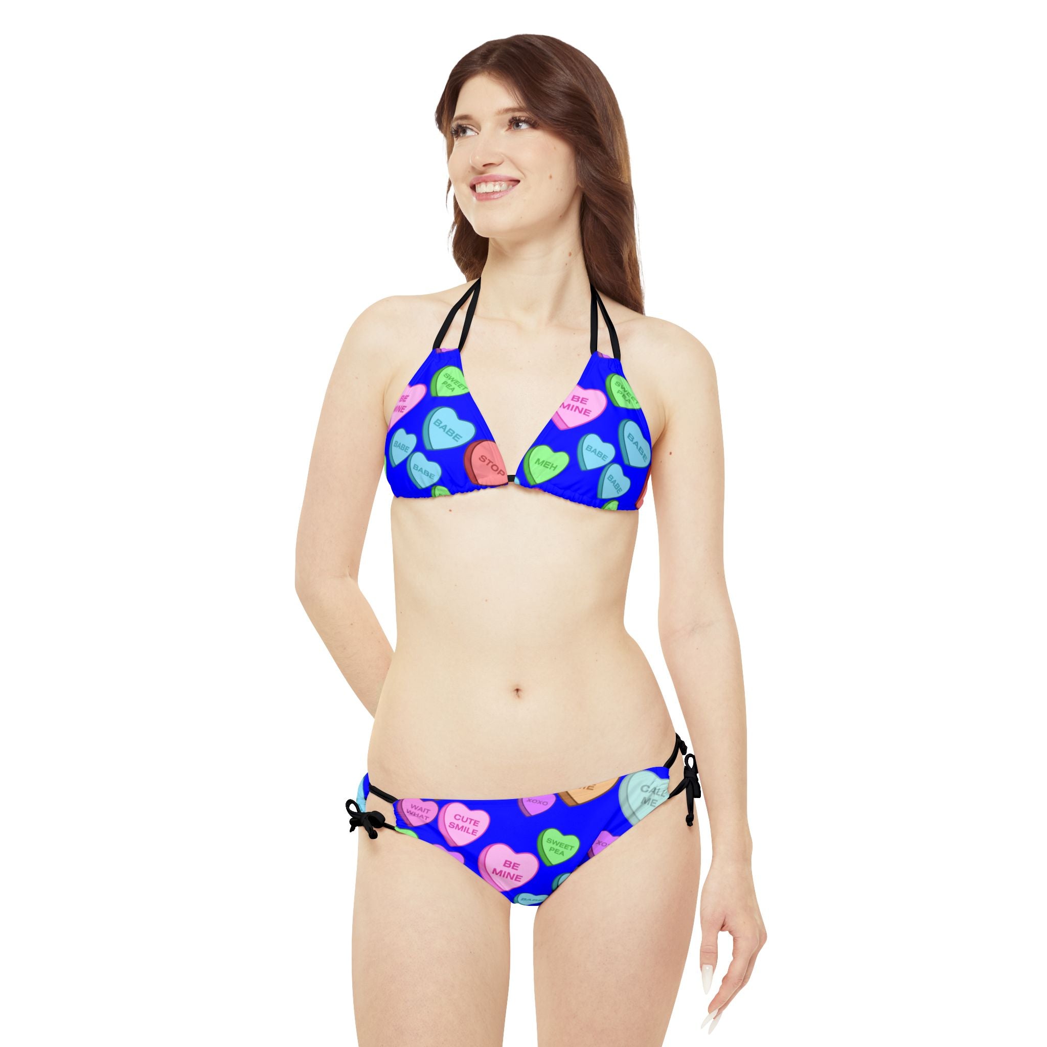 Strappy bikini set candy heart sweet valentine message blue