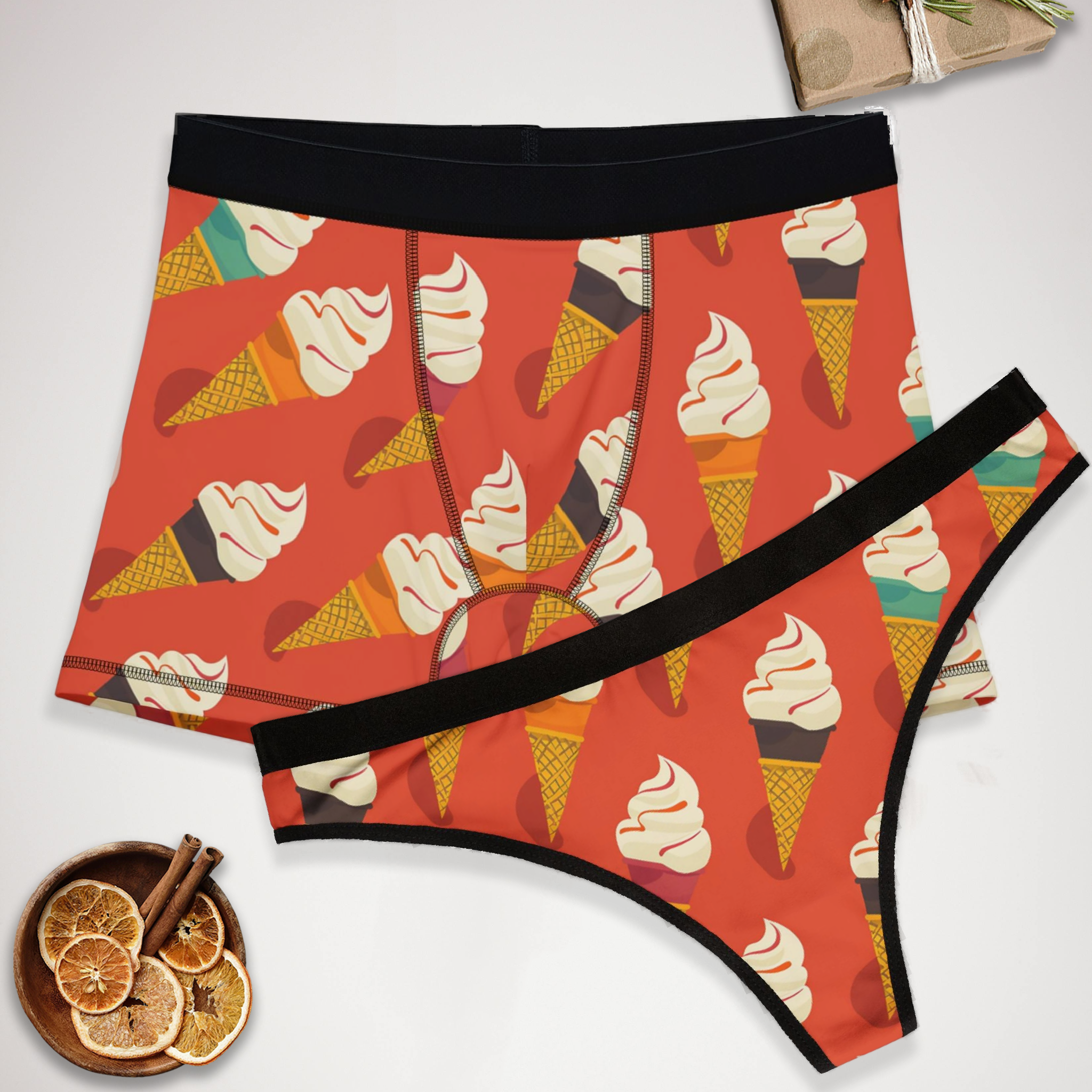 Matching underwear Minimal Ice Cream for couples boxer & thong set