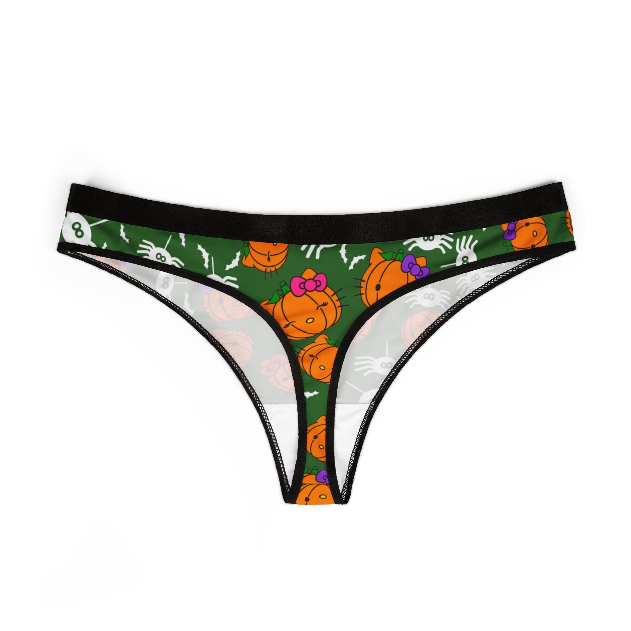 Women's thongs double pumpkin kitty Halloween green