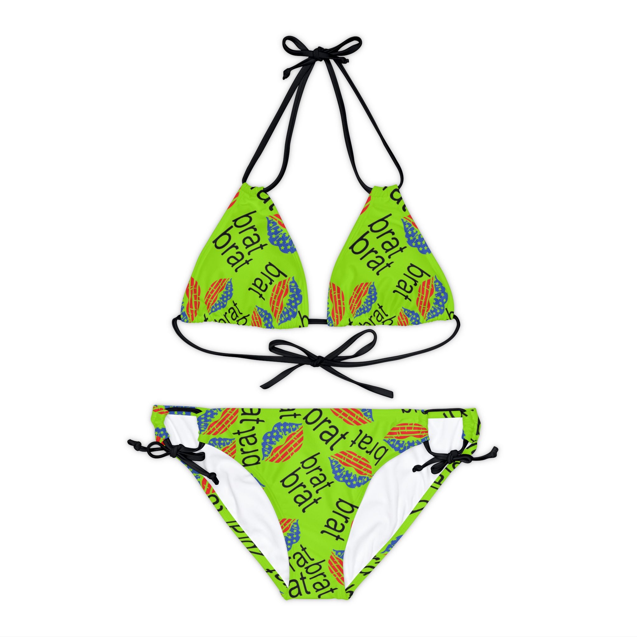 Strappy bikini set brat usa flag lips green