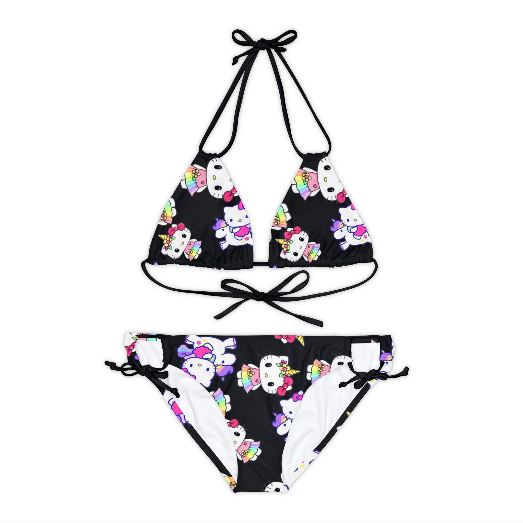 Strappy bikini set kitty unicorn rainbow valentine love black