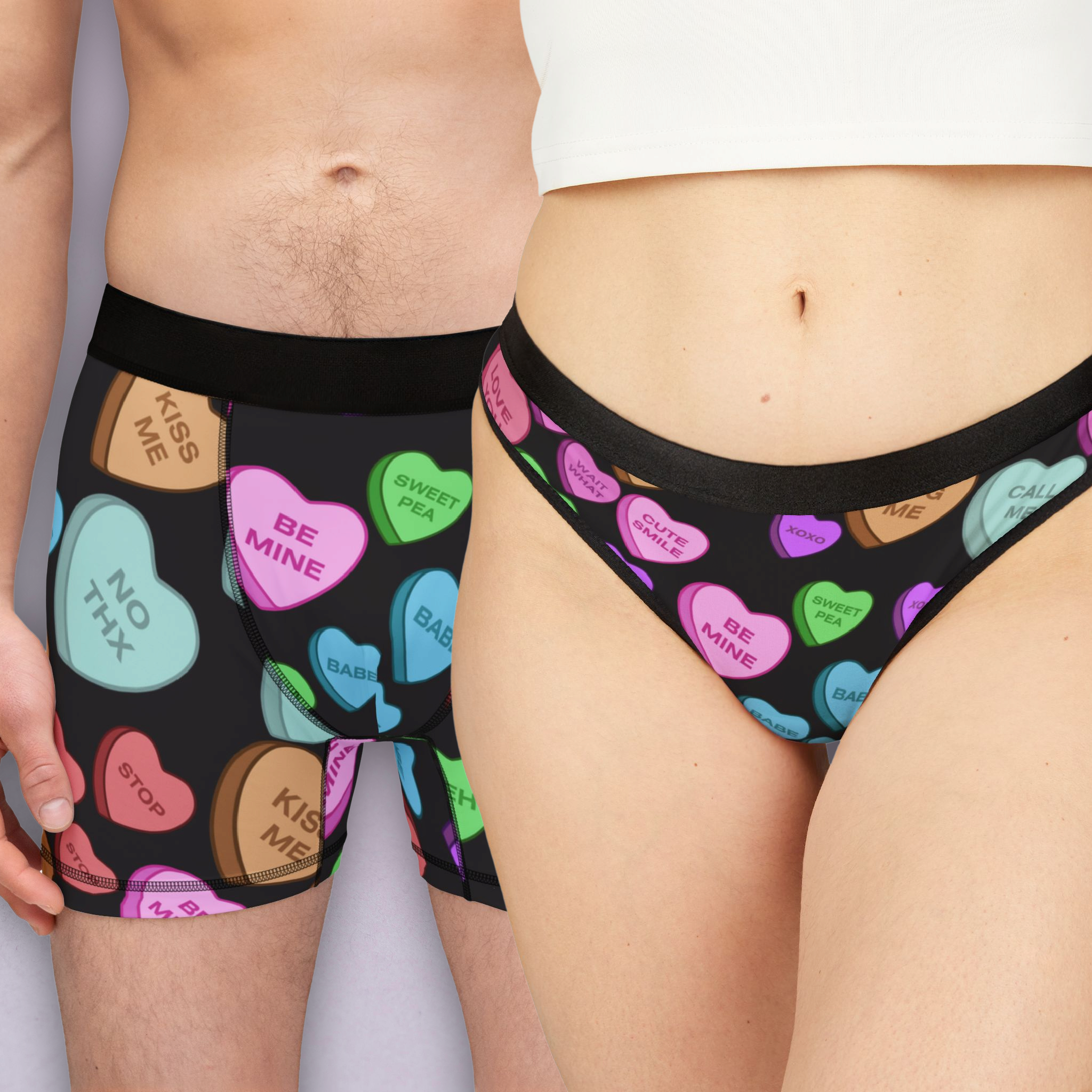 Couples matching  candy heart sweet valentine message character underwear set boxer and thong