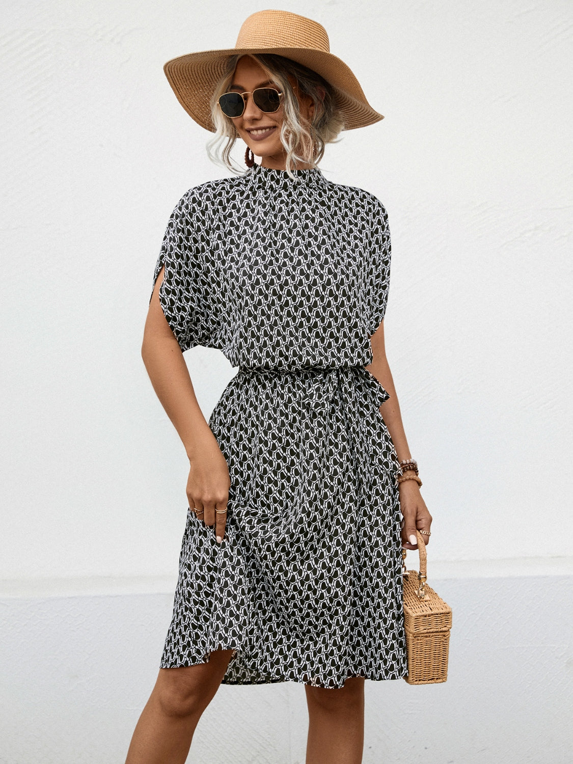 Elegant Tied Printed Mock Neck Dress for Women Over 50 - Summer Beach Wedding Guest Party Attire
