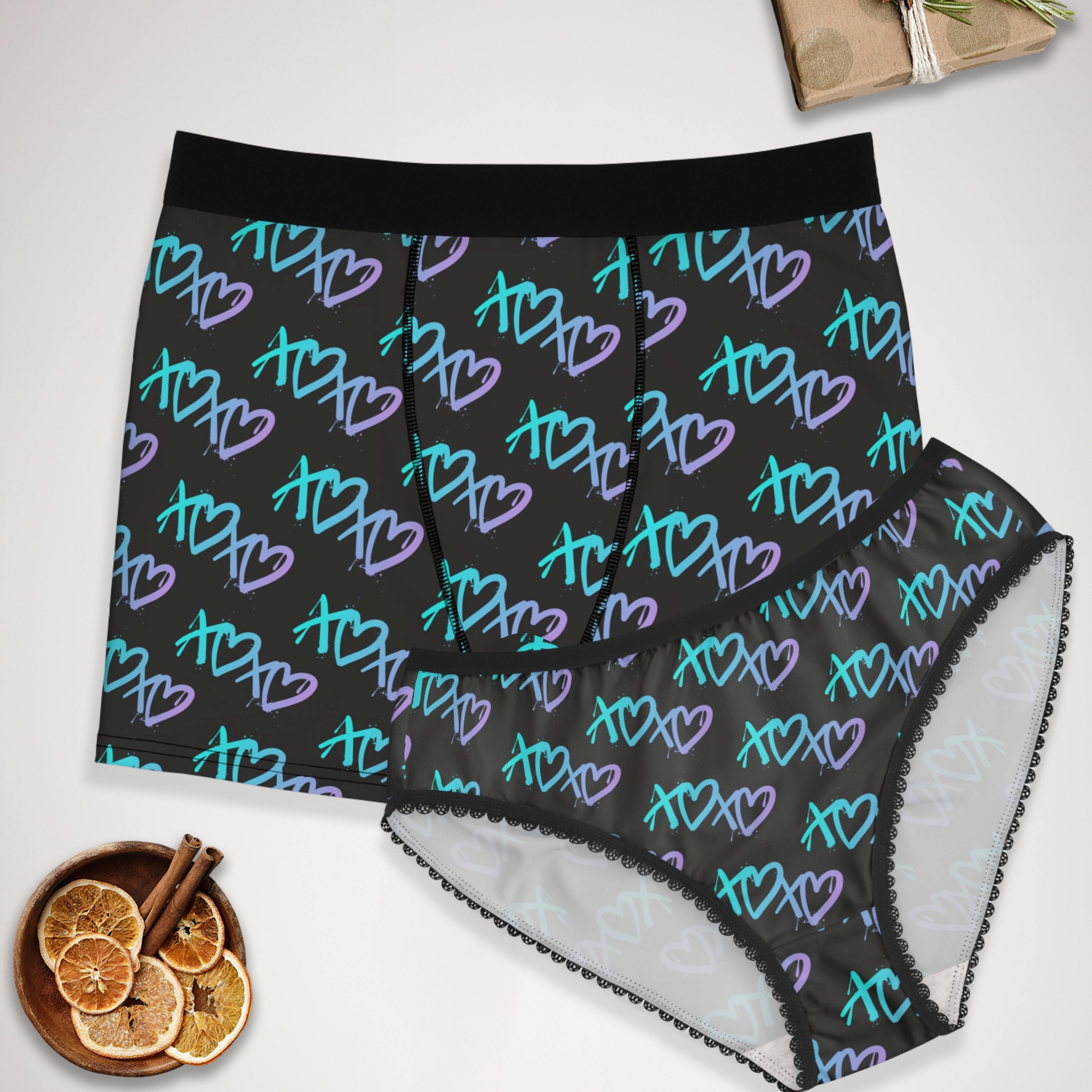 Couples matching Graffiti X O Heart underwear set boxer & briefs