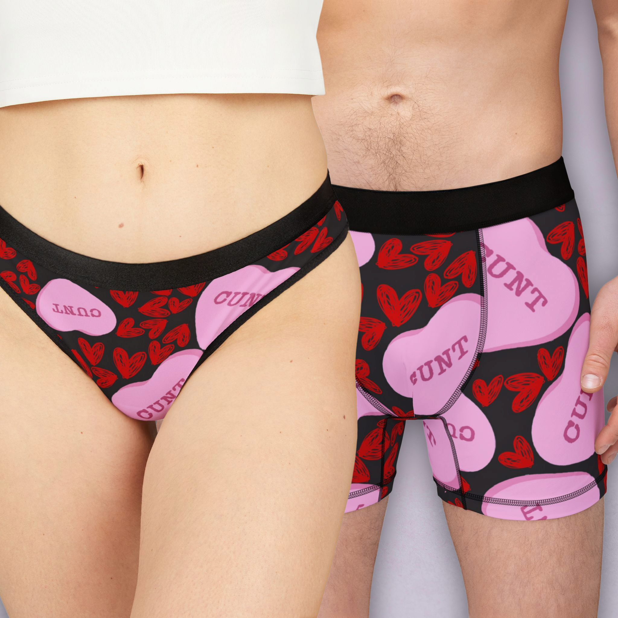 Couples matching  cunt candy heart shape message character underwear set boxer and thong