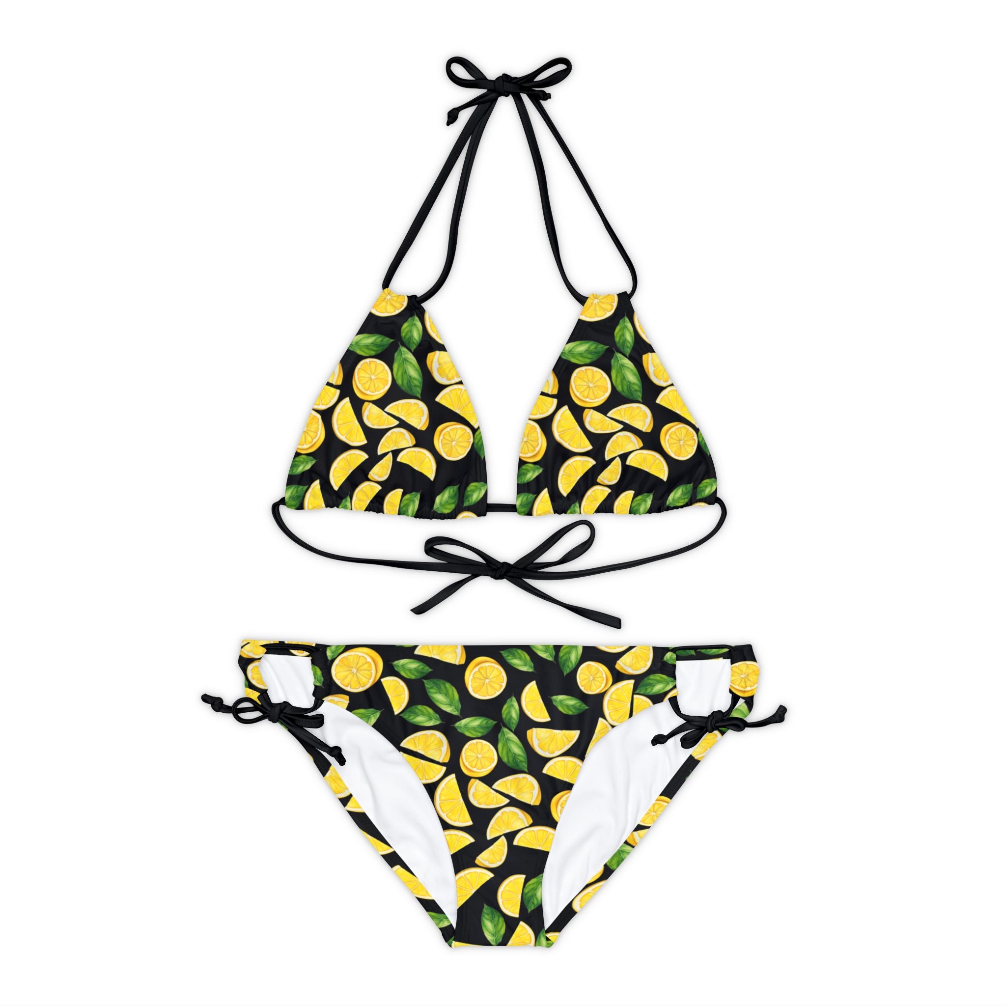 Strappy bikini set lemon and leaves black