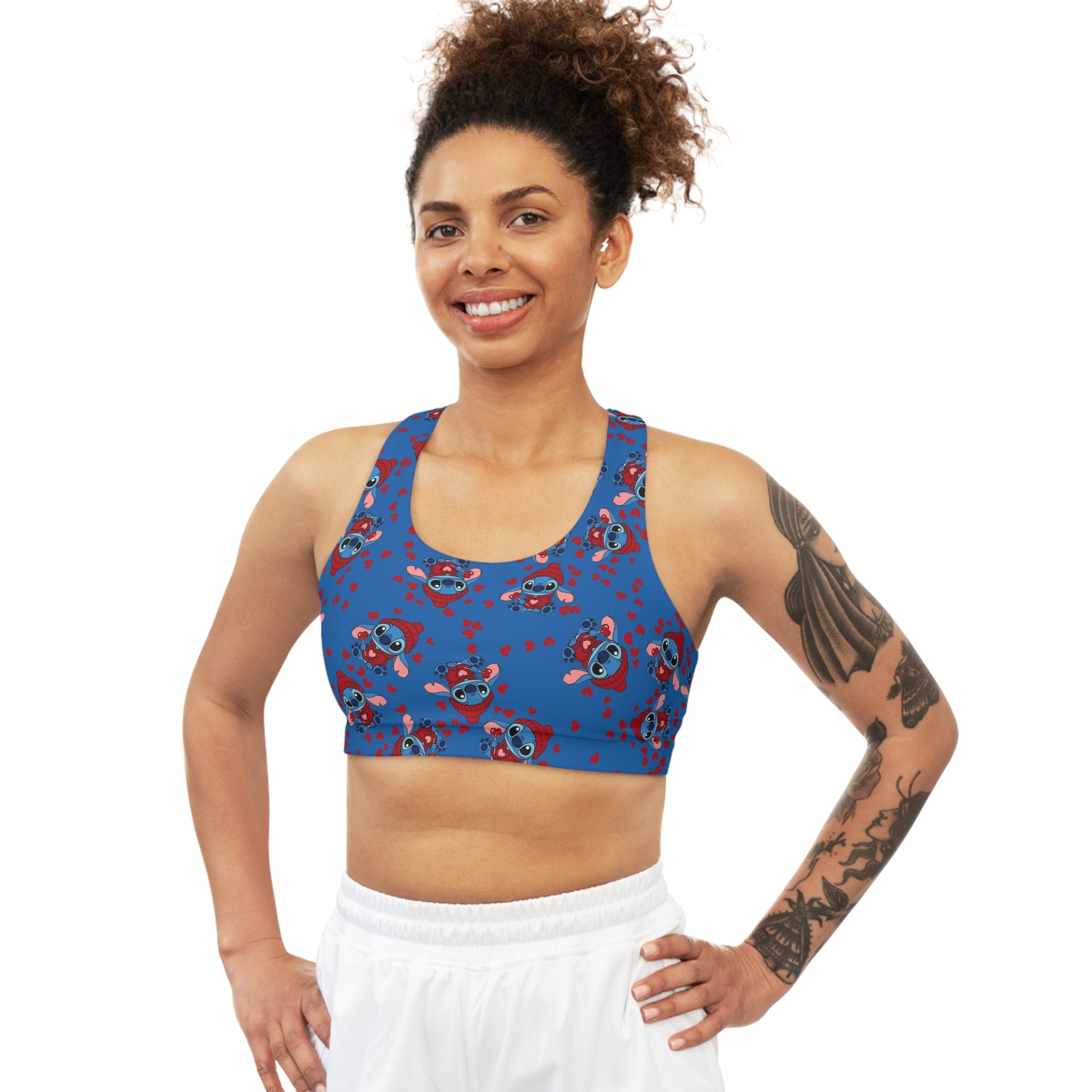 Sports bra stitch valentine cream heart blue