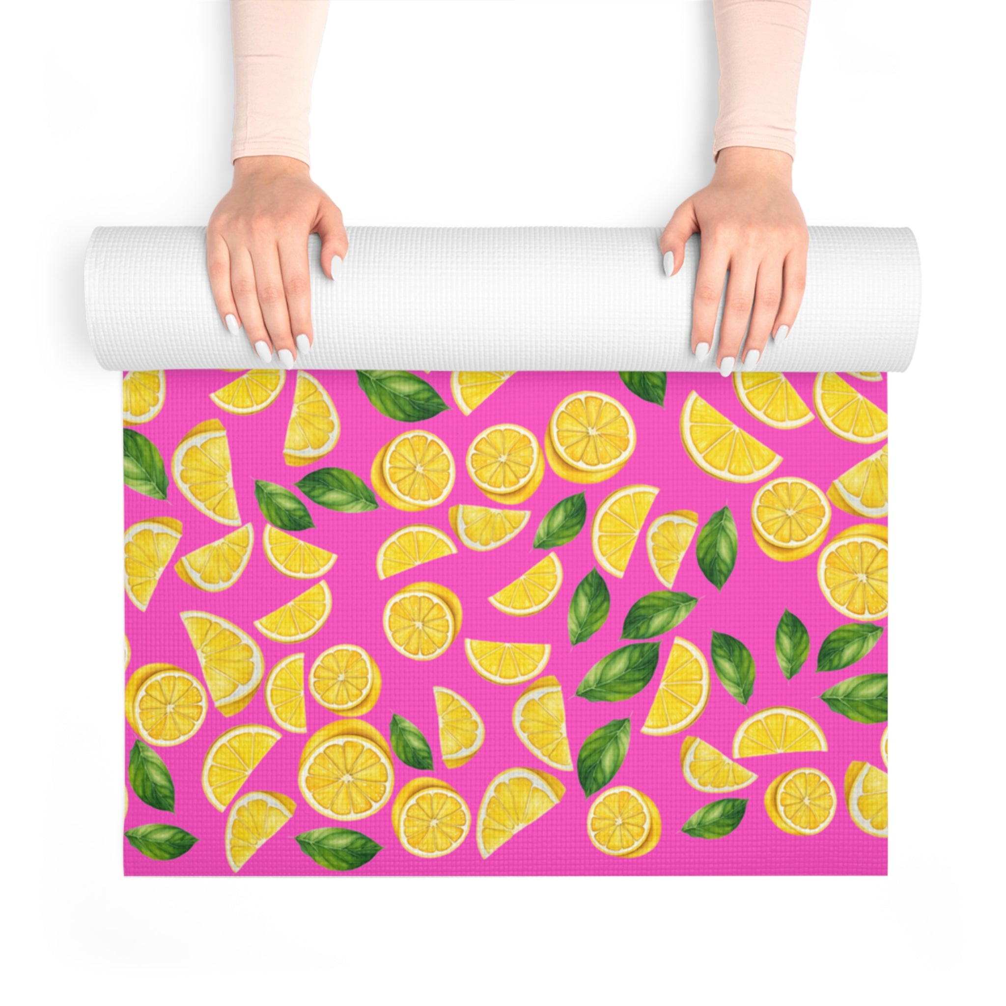 Foam yoga mat lemon and leaves pink