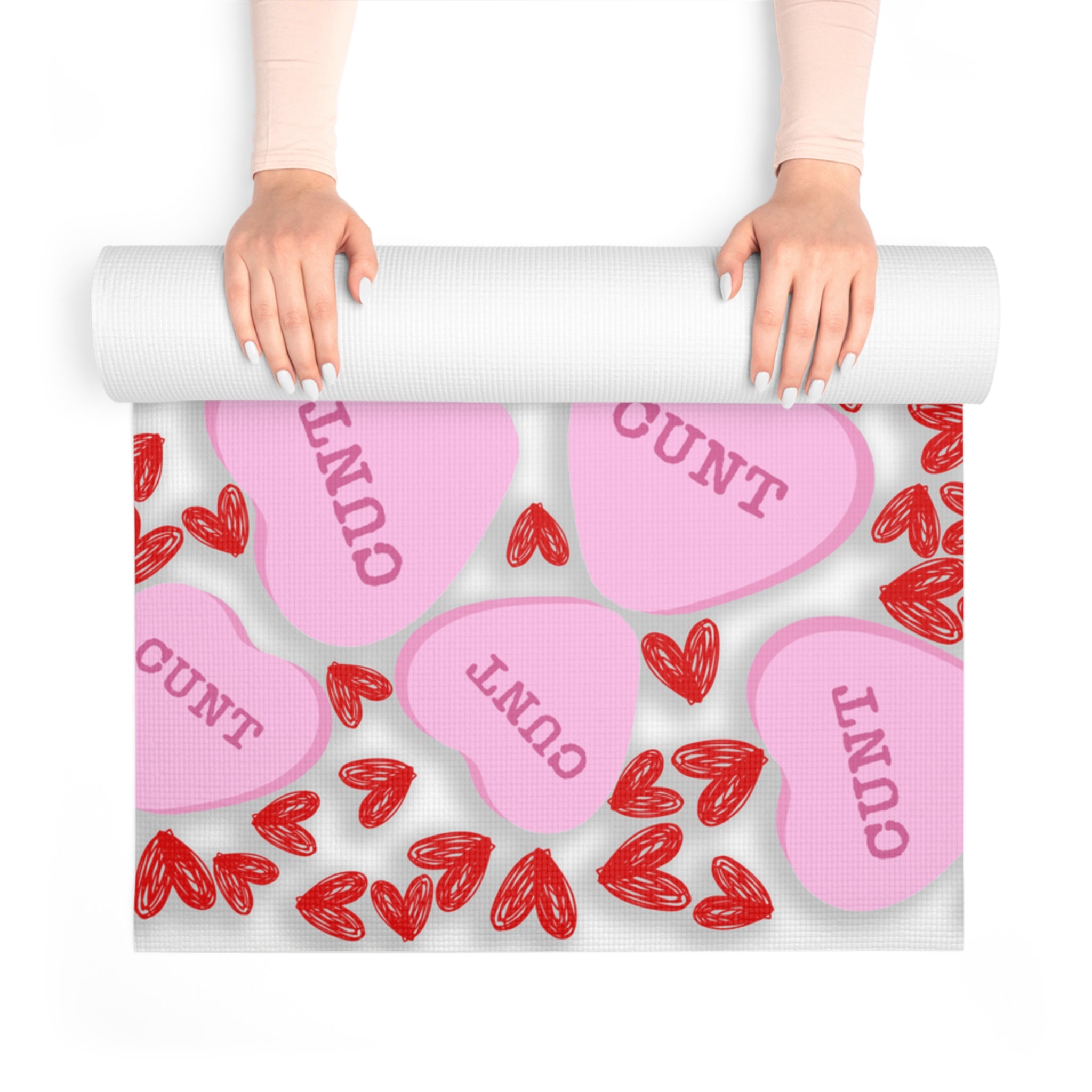 Foam yoga mat cunt candy heart shape message white