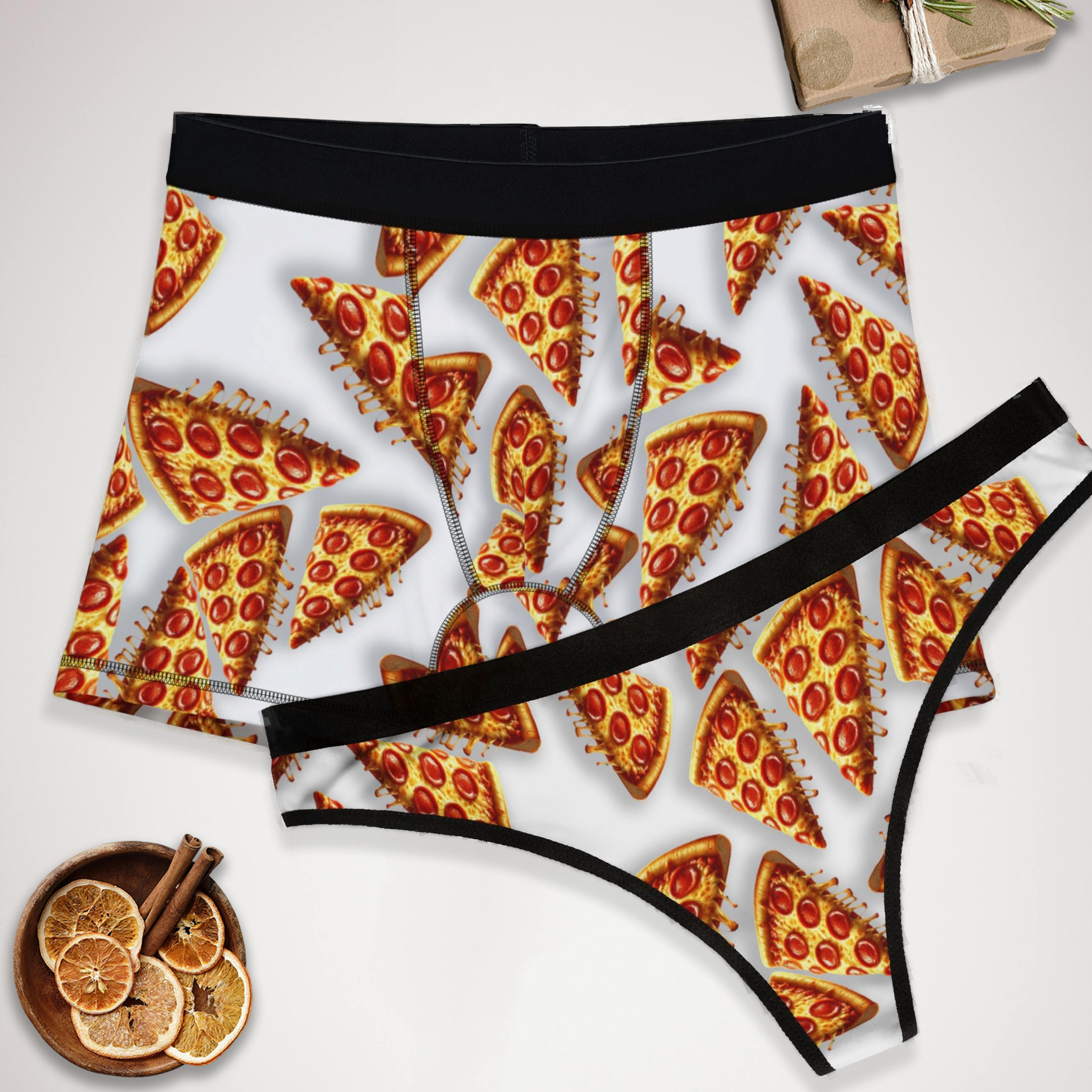 Couples matching  pizza character underwear set boxer and thong