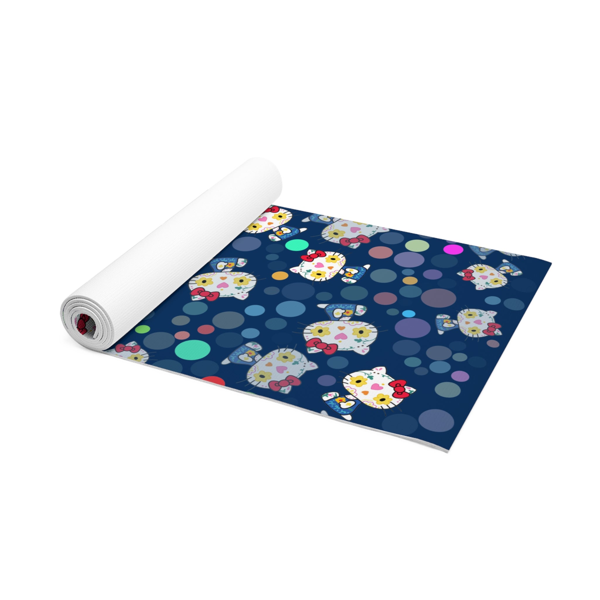 Foam yoga mat kitty flower polka dots blue