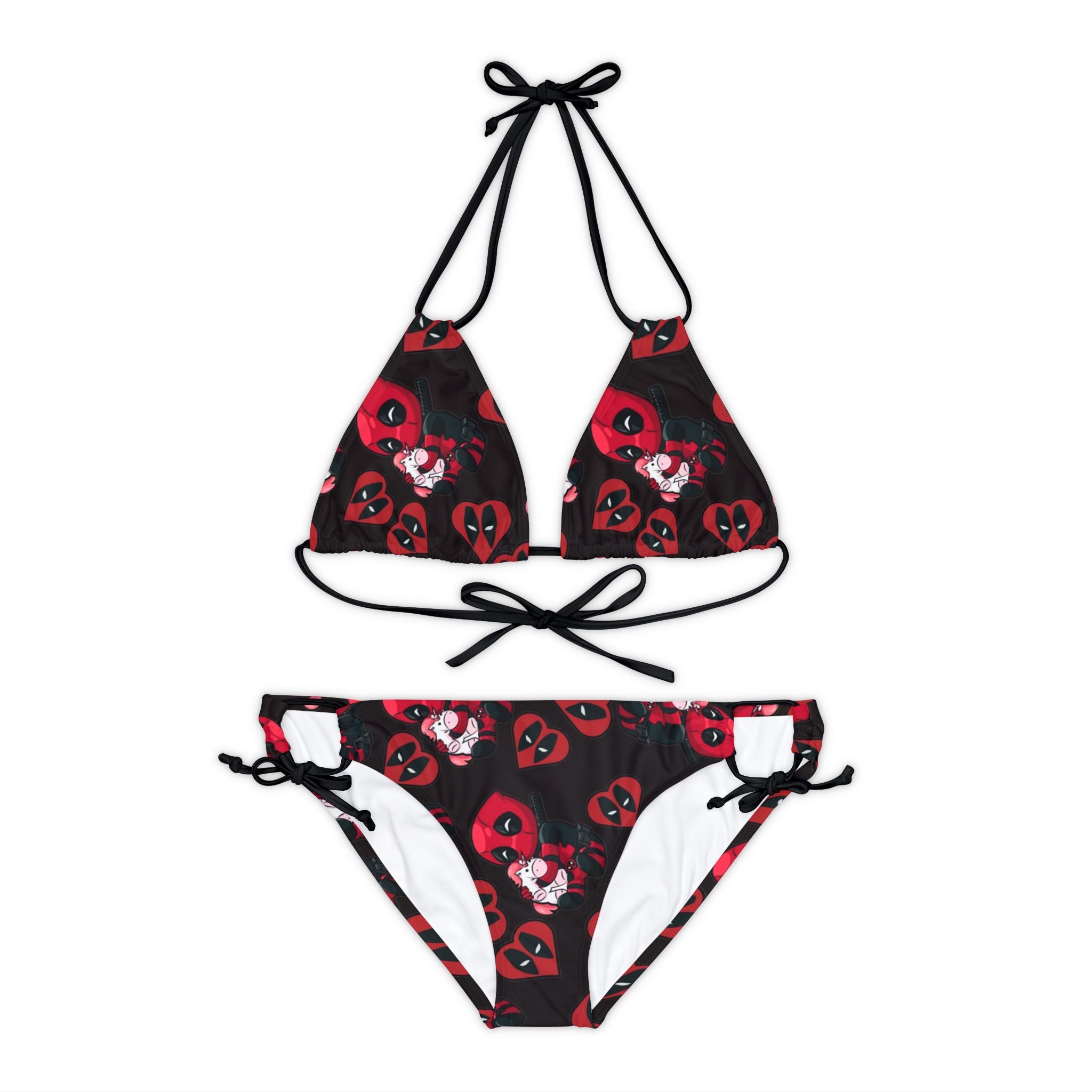 Strappy bikini set deadpool unicorn hearts valentine love black