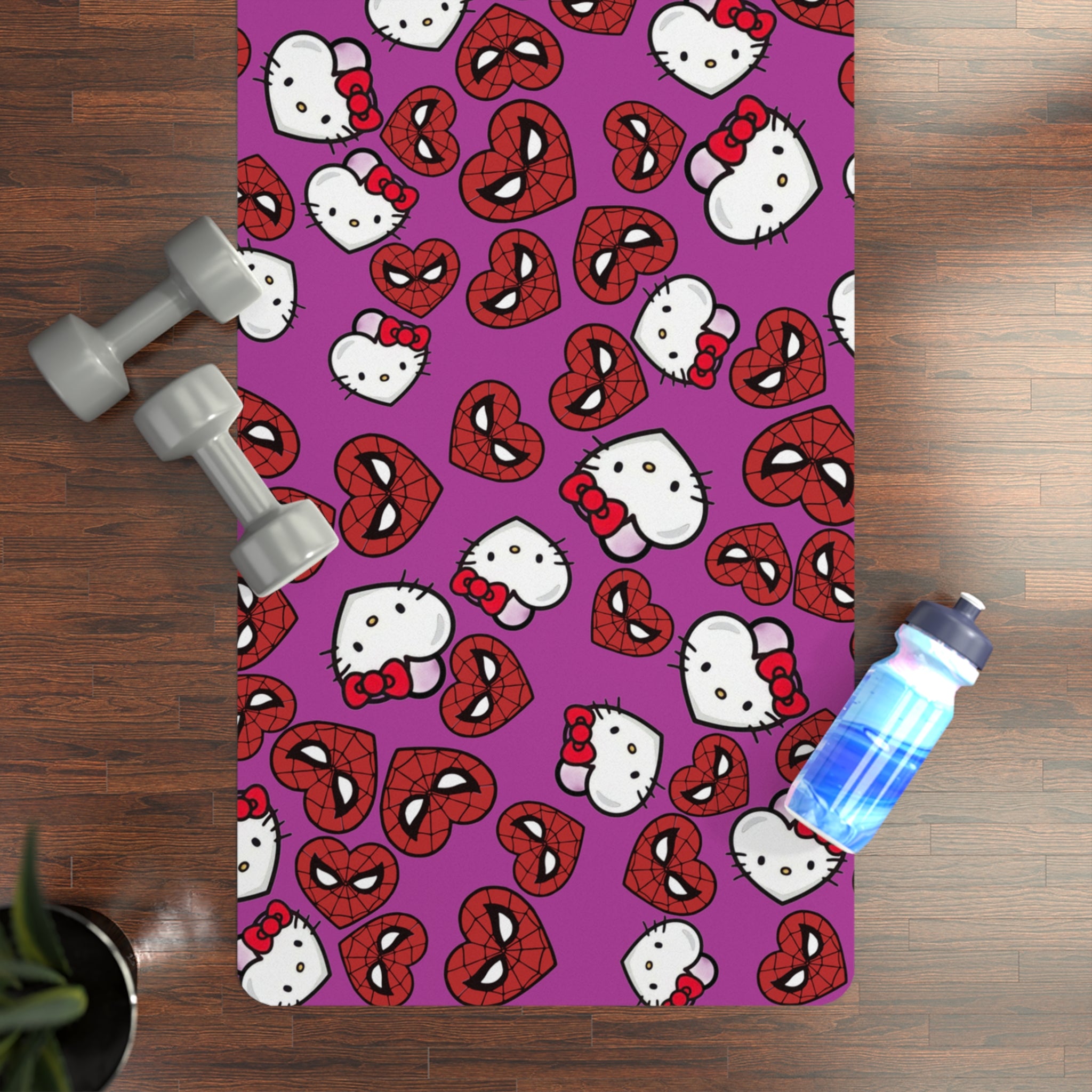 Rubber yoga mat spider kitty double hearts purple