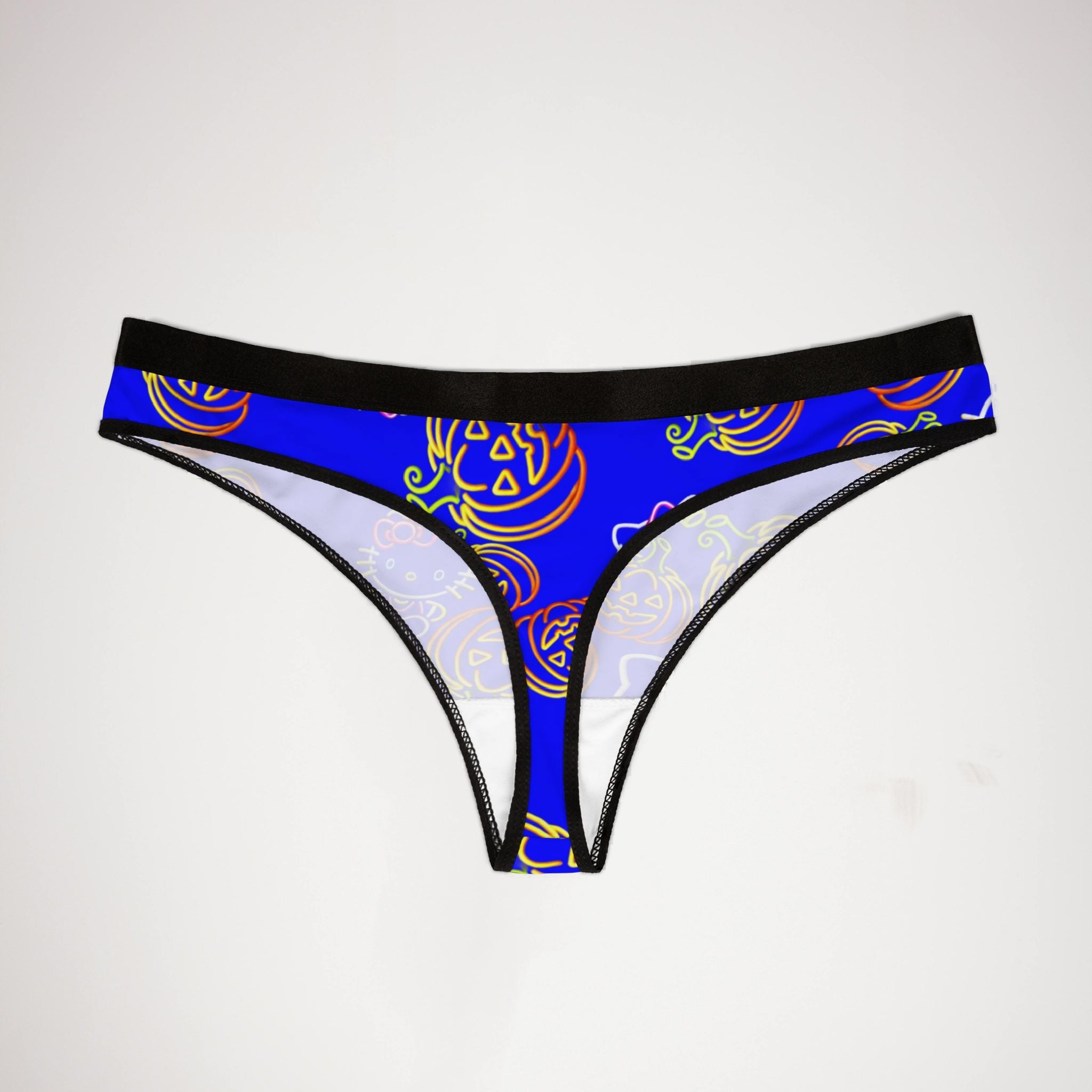 Women's thongs neon pumpkin kitty halloween blue