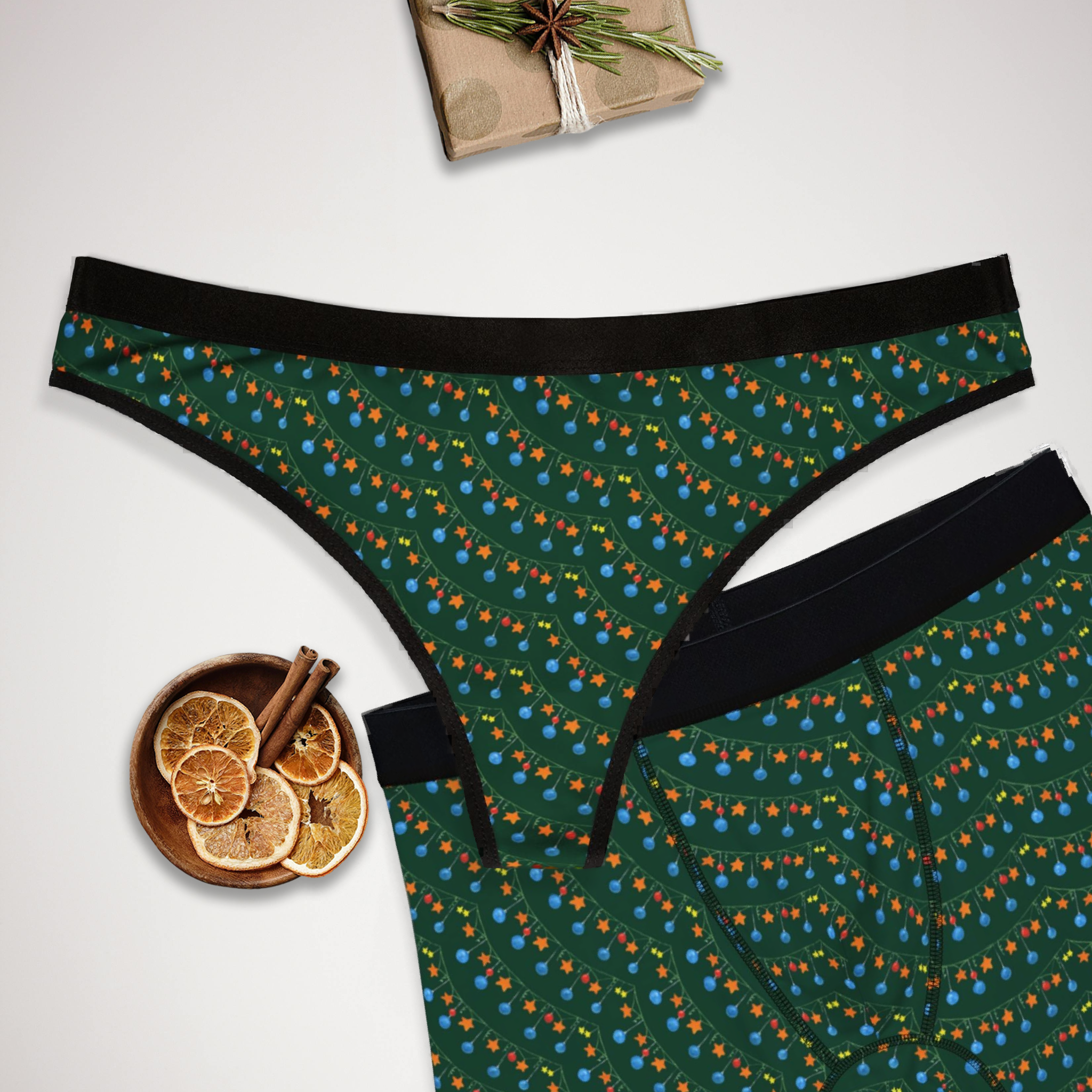 Matching underwear Green Christmas santa for couples boxer & thong set