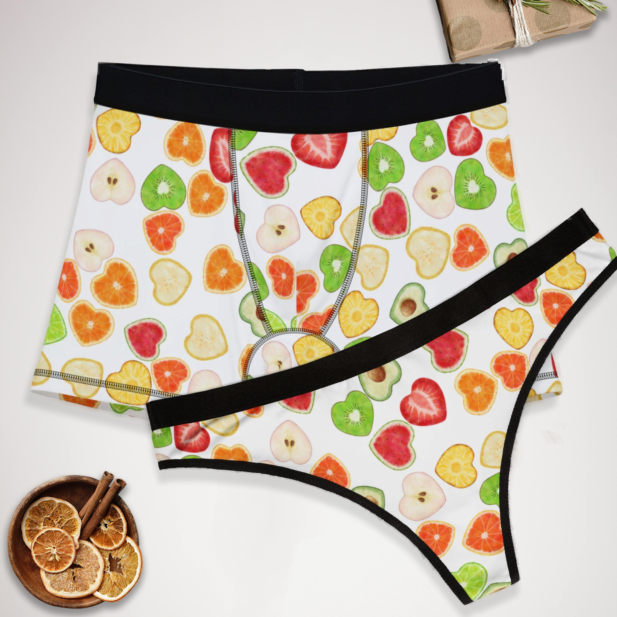 Couples matching  heart fruits underwear set boxer and thong