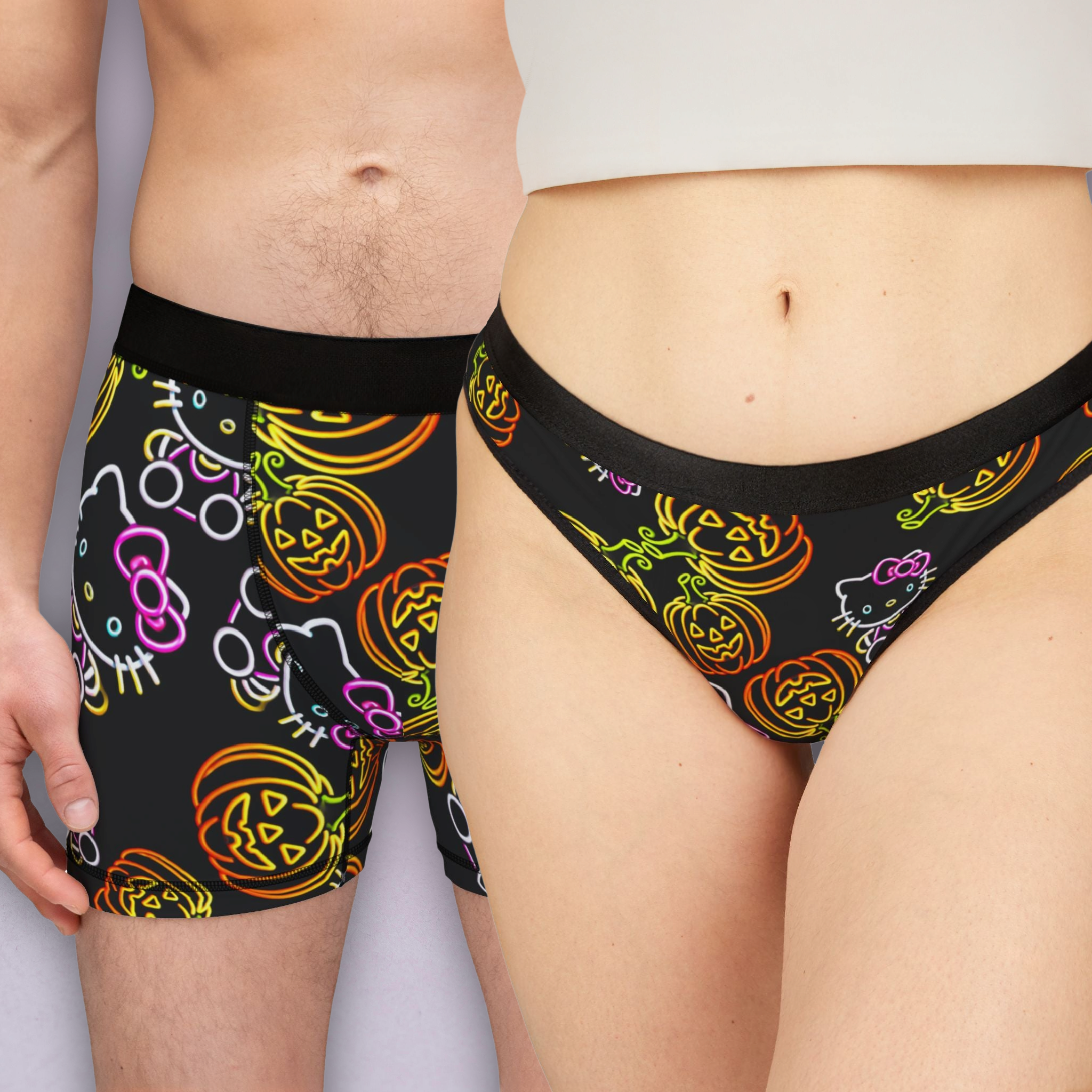 Couples matching  neon pumpkin kitty halloween character underwear set boxer and thong