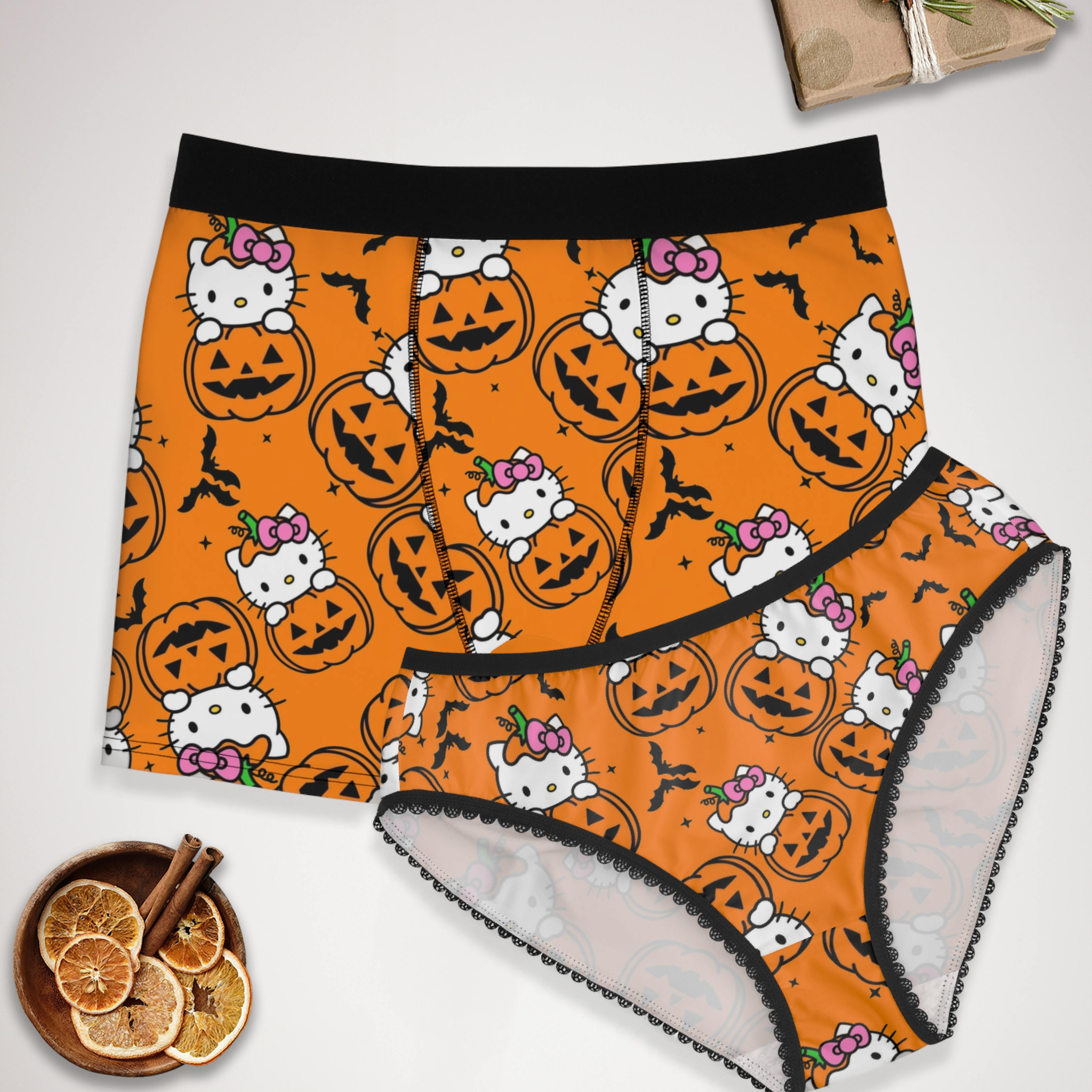 Couples matching kitty hold pumpkin Halloween underwear set boxer & briefs