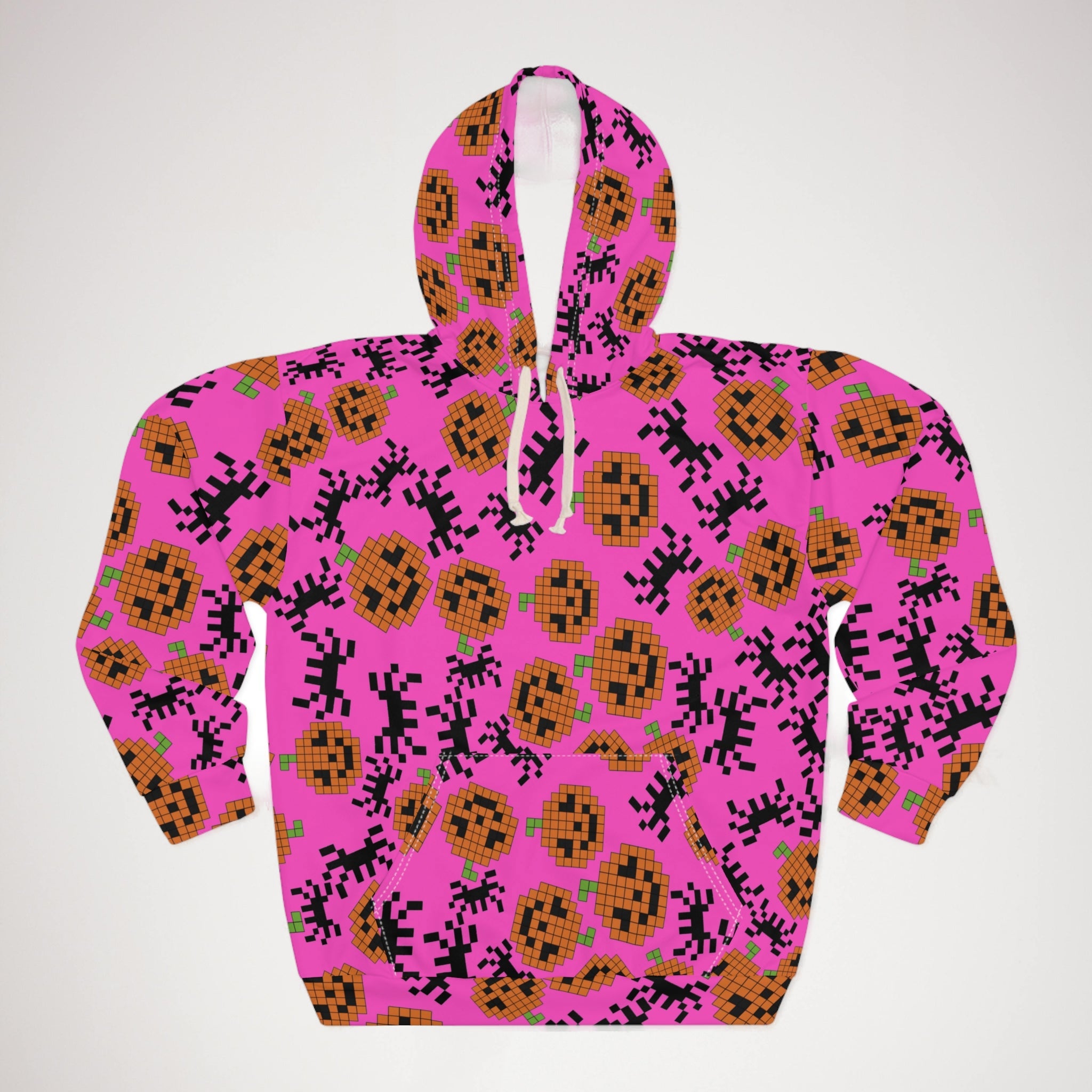 Unisex pullover hoodie pumpkin spider pixel halloween pink