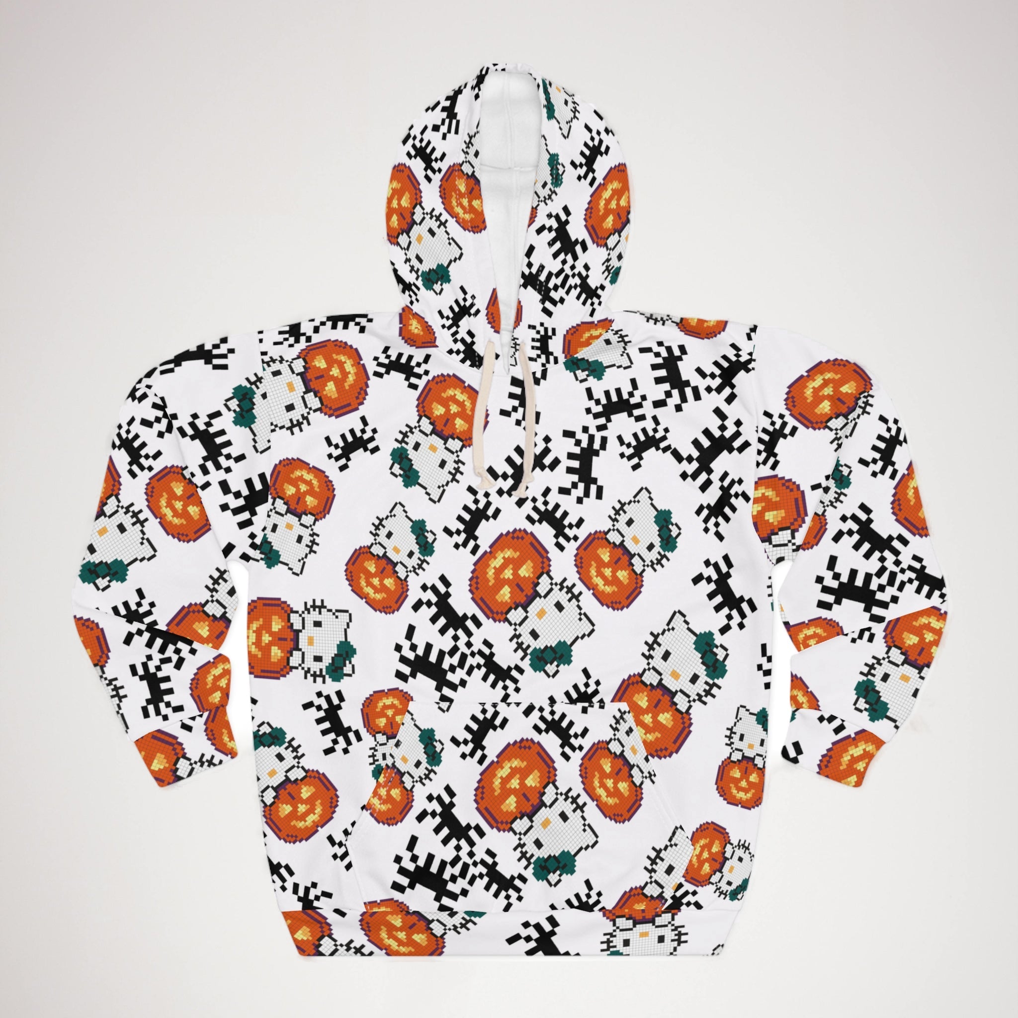 Unisex pullover hoodie kitty pumpkin Halloween pixel spider white