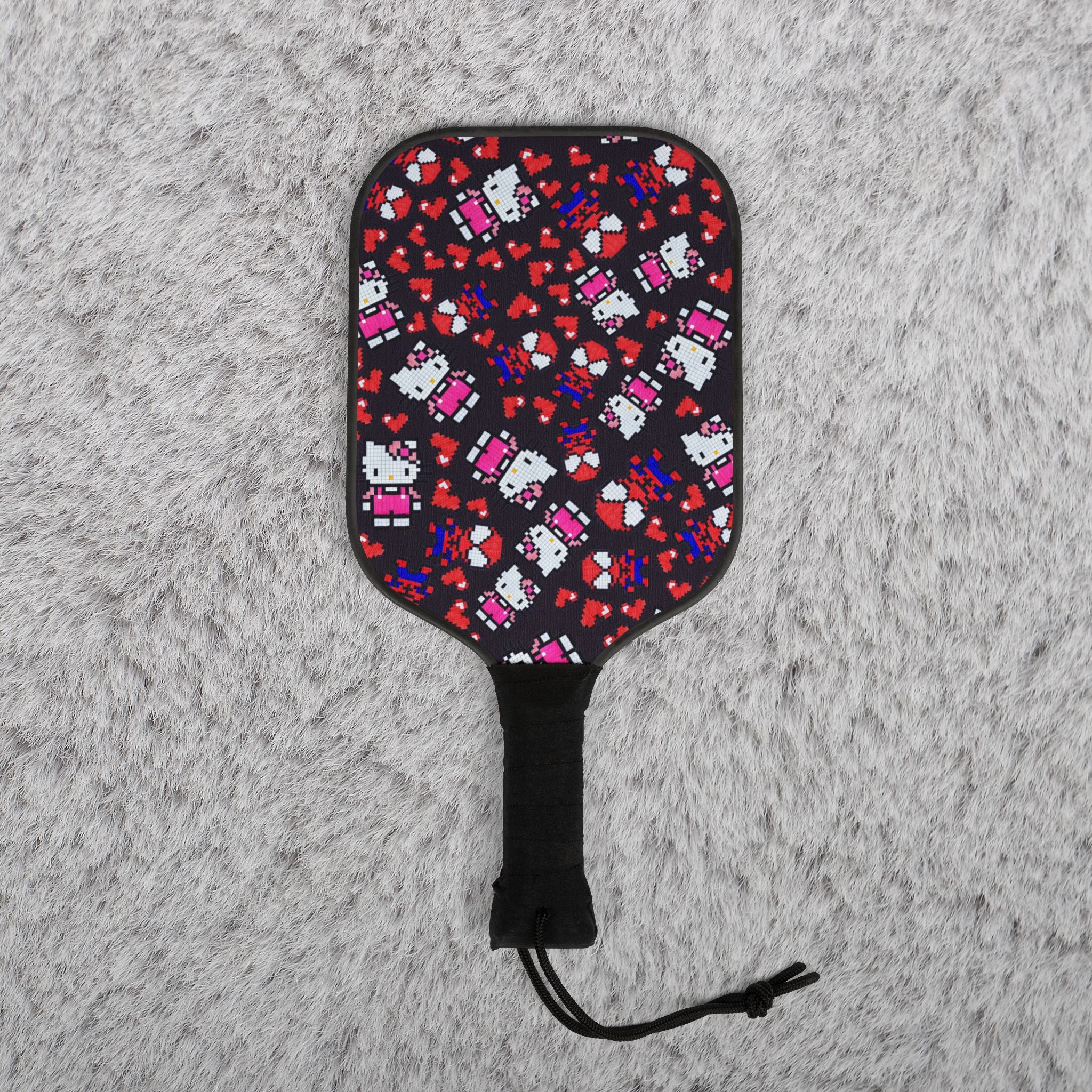 Pickleball kit (2 paddles + 2 balls + transparent bag) spider kitty pixel heart character love valentine black