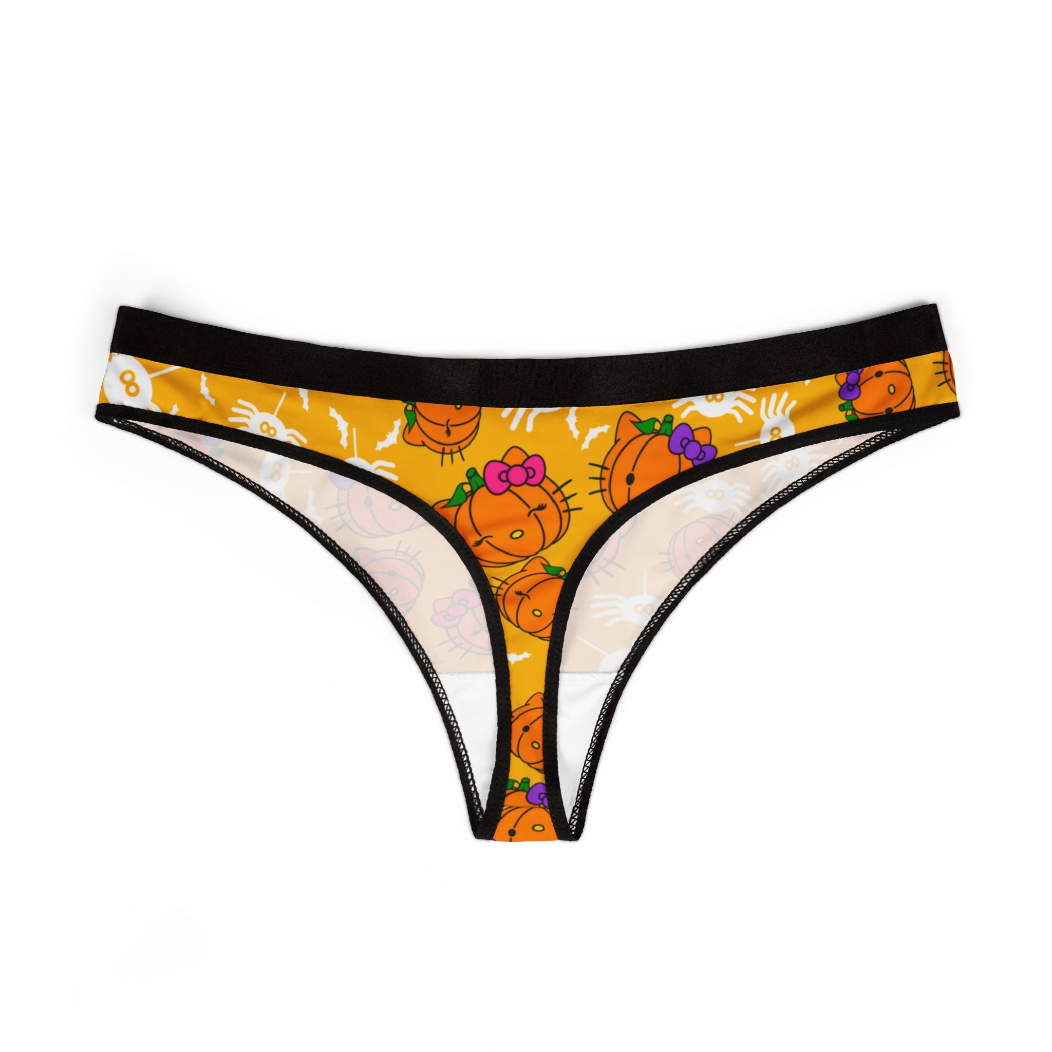 Women's thongs double pumpkin kitty Halloween yellow