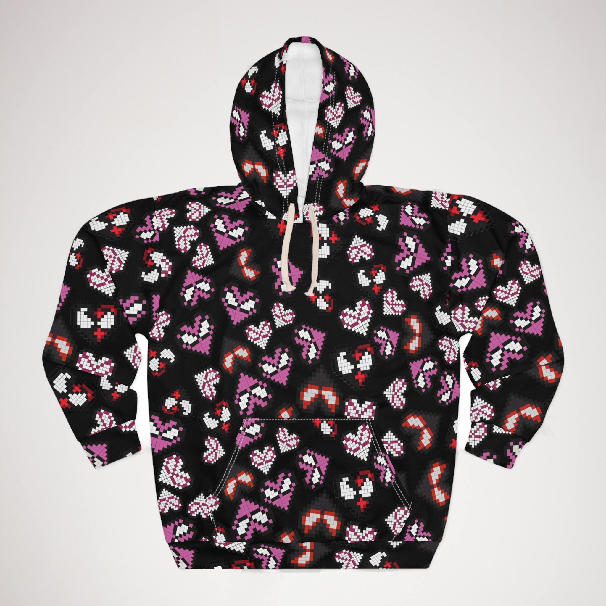 Unisex pullover hoodie spider hearts pixel black