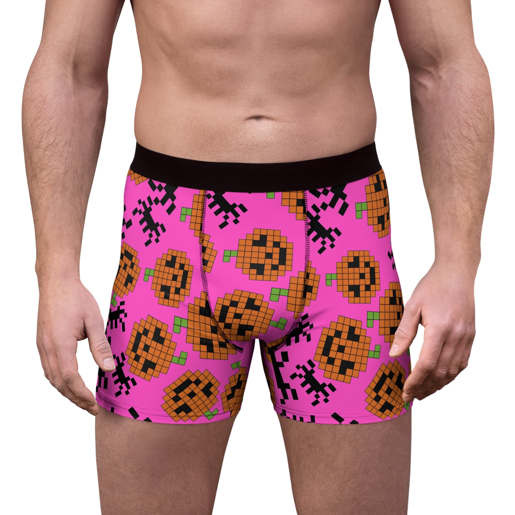 Men's boxer briefs pumpkin spider pixel halloween pink