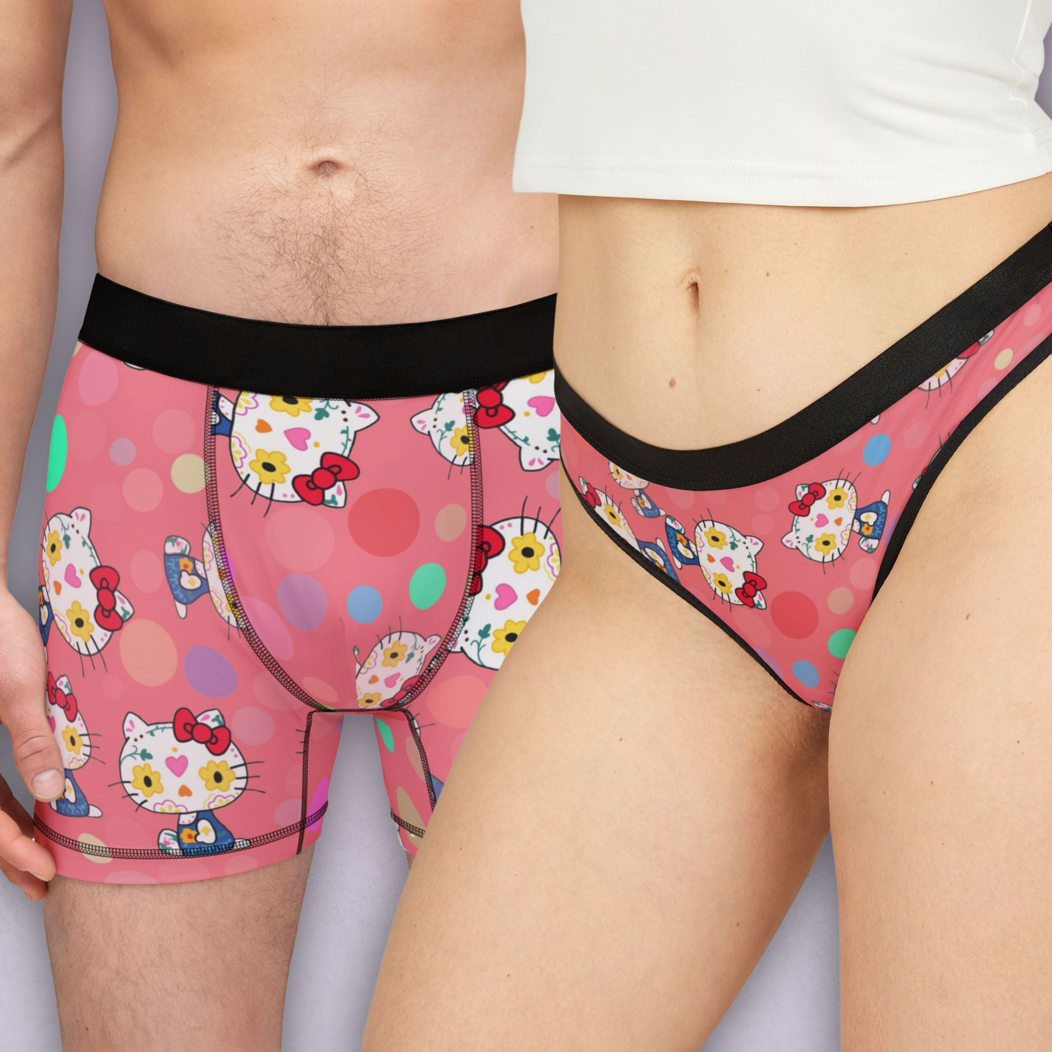 Couples matching  kitty flower polka dots character underwear set boxer and thong