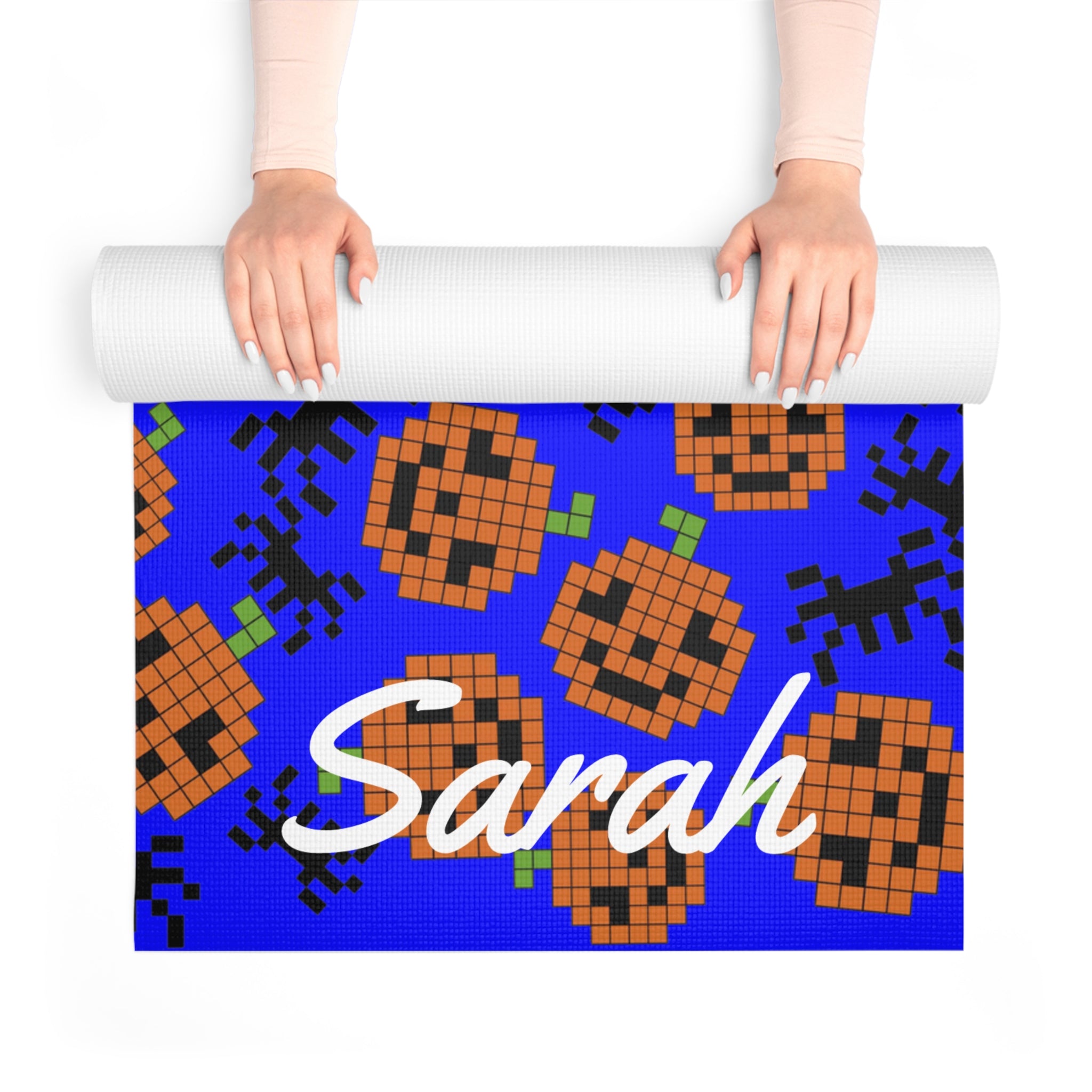 Custom name foam yoga mat pumpkin spider pixel halloween blue