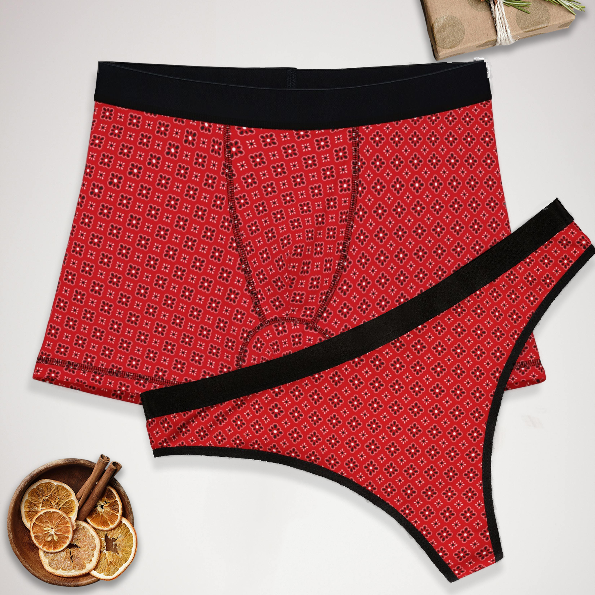 Matching underwear Red Bandana for couples boxer & thong set