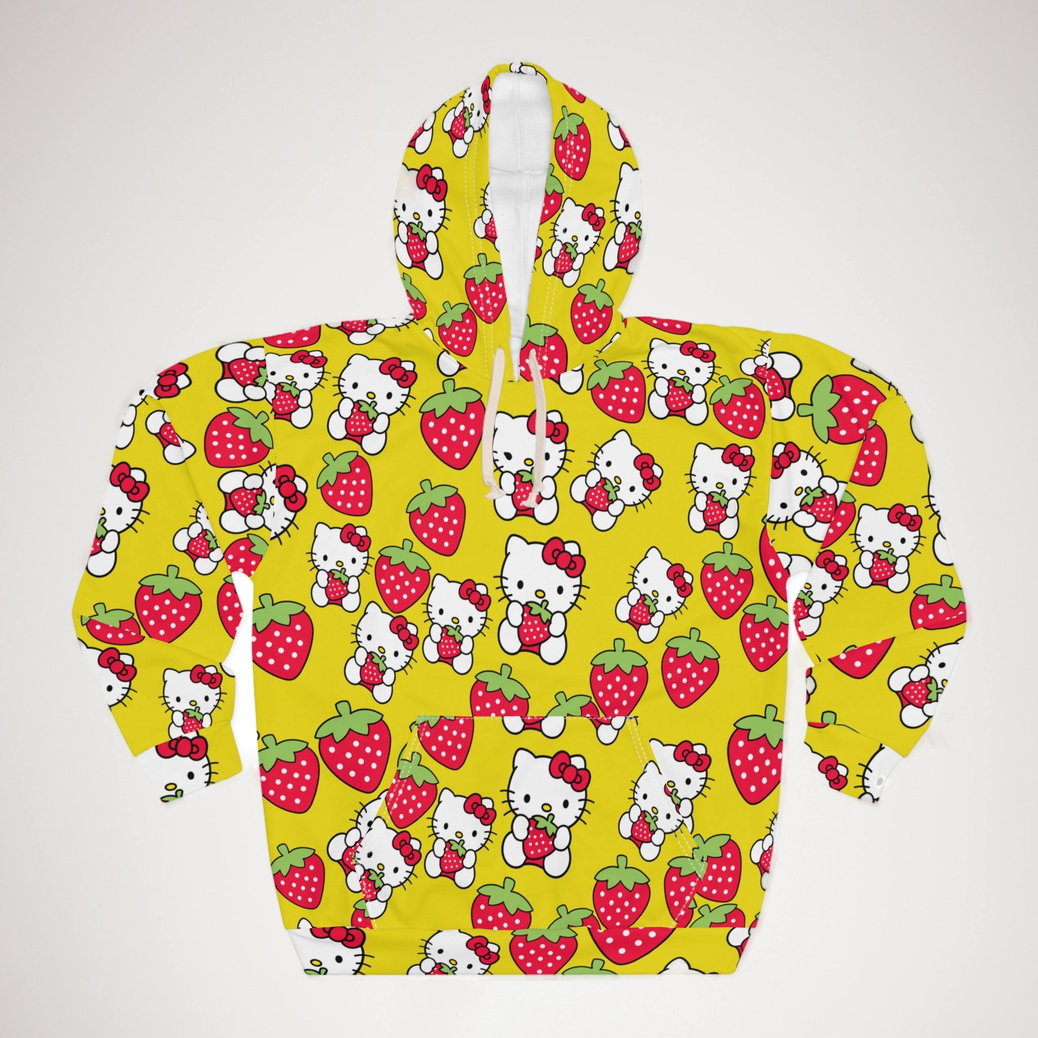 Unisex pullover hoodie kitty strawberry valentine love yellow