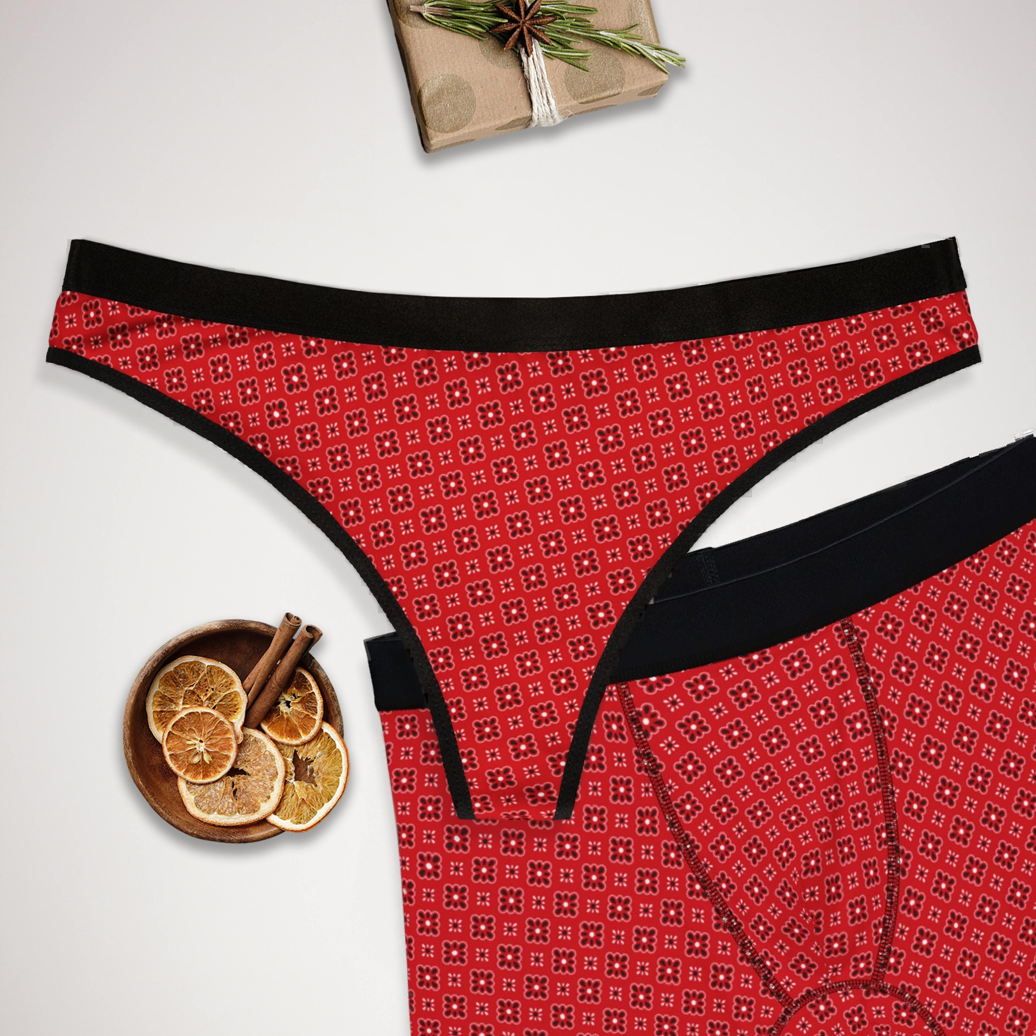 Matching underwear Red Bandana for couples boxer & thong set