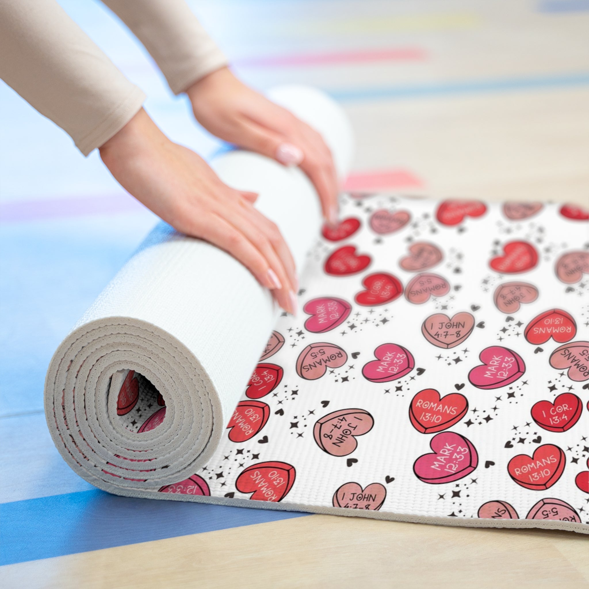 Foam yoga mat christian valentine sweet hearts white