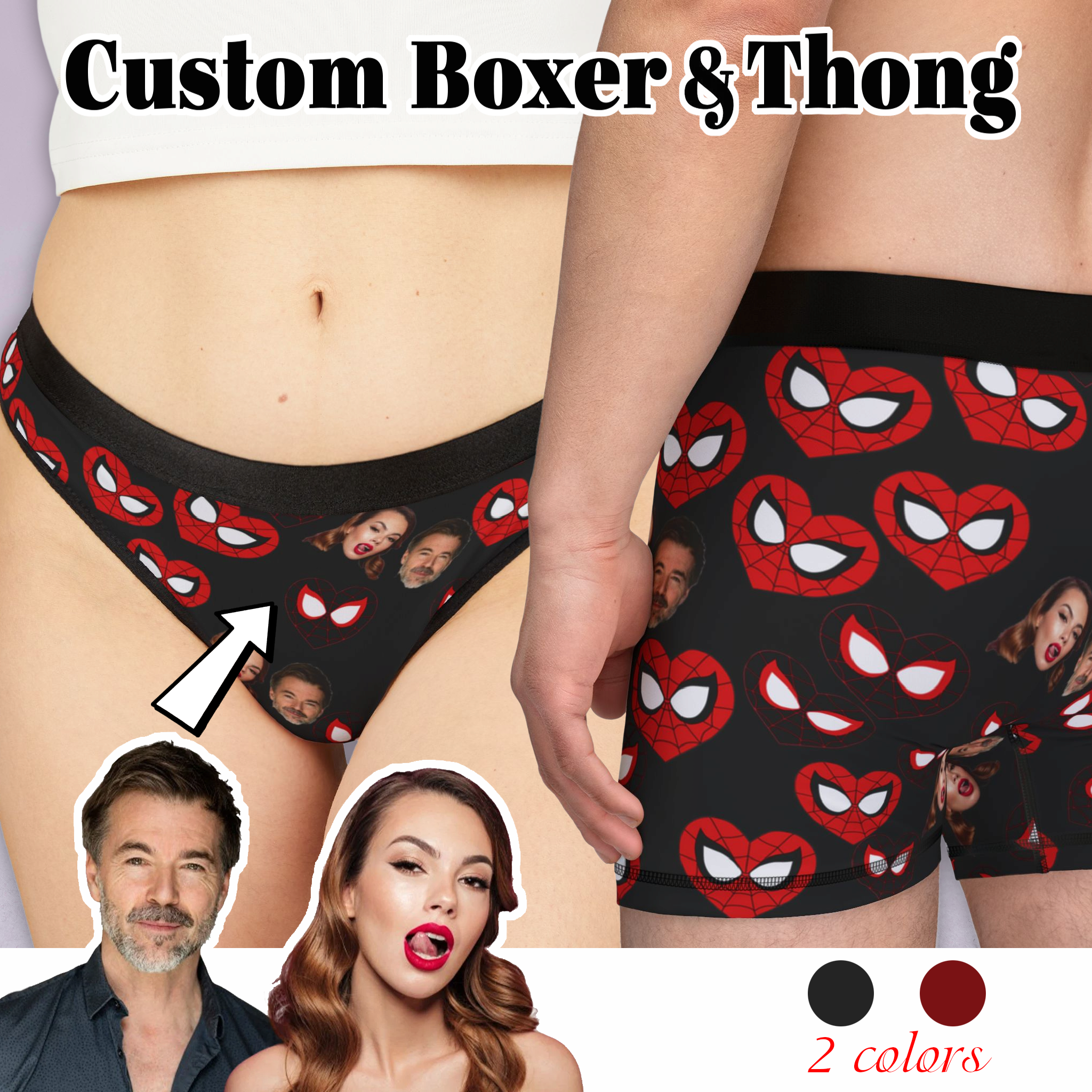 Custom matching underwear for couples spider hearts his her faces boxer & thong set