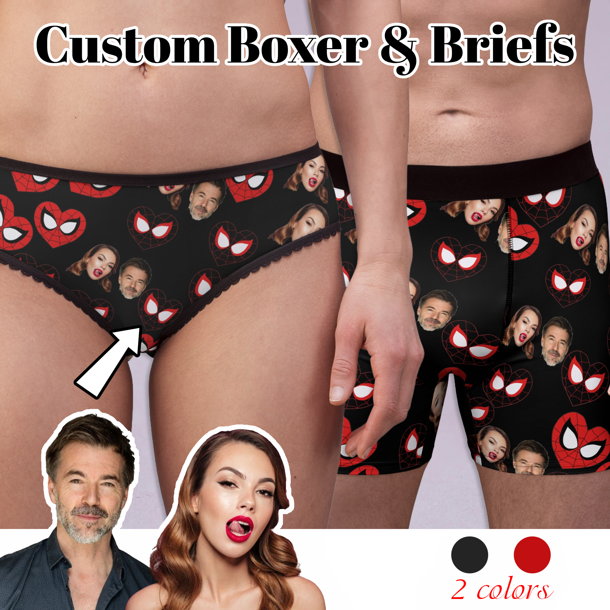 Custom matching underwear for couples spider hearts his her faces set boxer & briefs