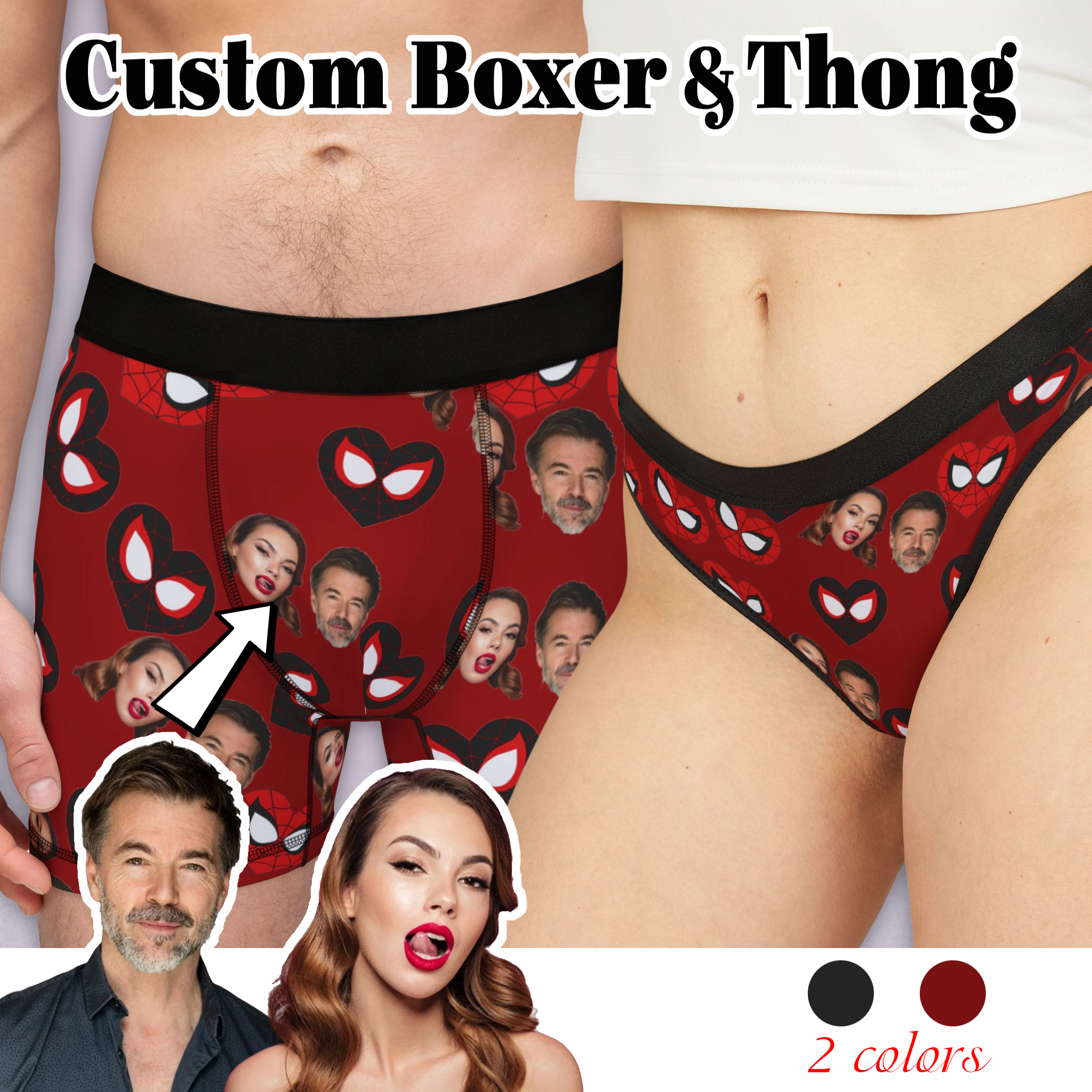 Custom matching underwear for couples spider hearts his her faces boxer & thong set