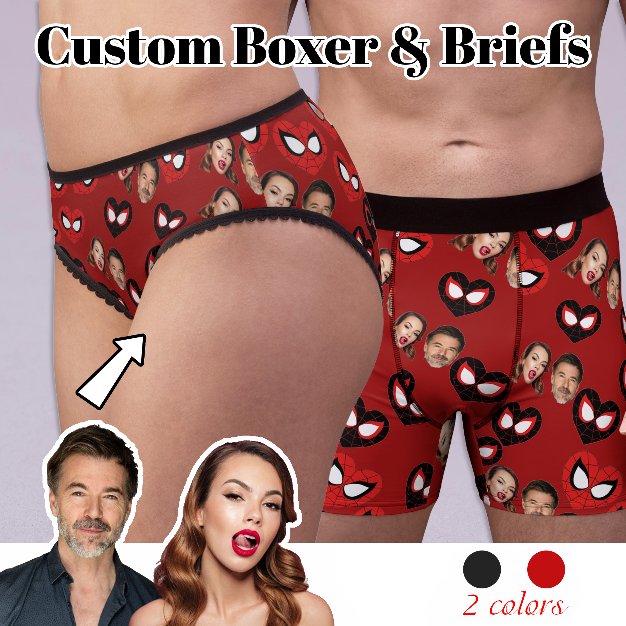 Custom matching underwear for couples spider hearts his her faces set boxer & briefs