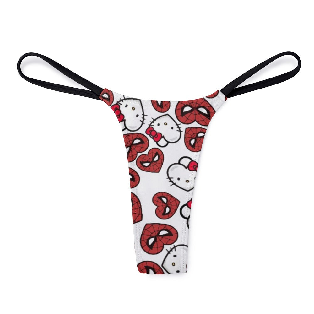 Ladies Sexy Thin Thong spider kitty double hearts white