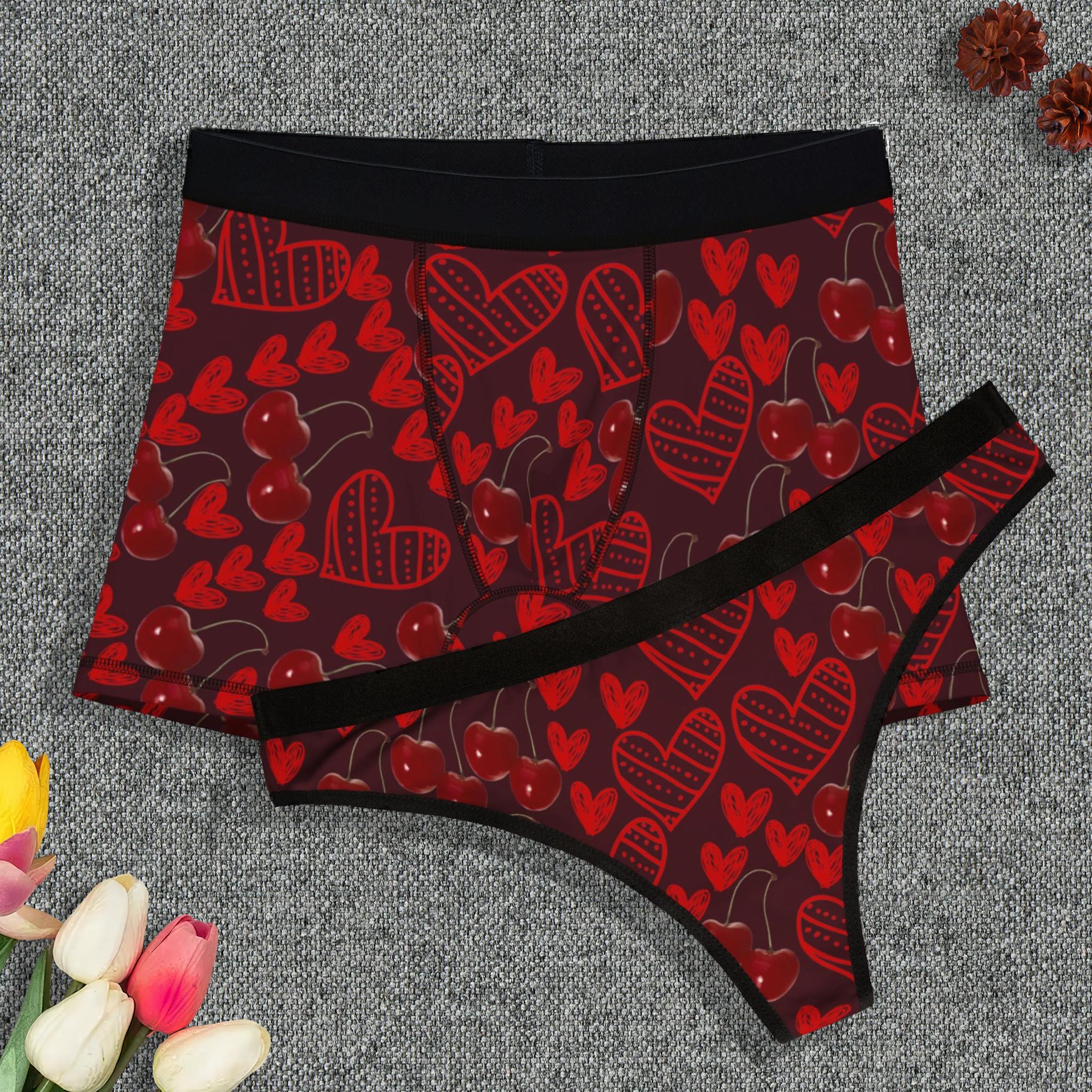 Couples matching  cherry and  sweet hearts red character underwear set boxer and thong