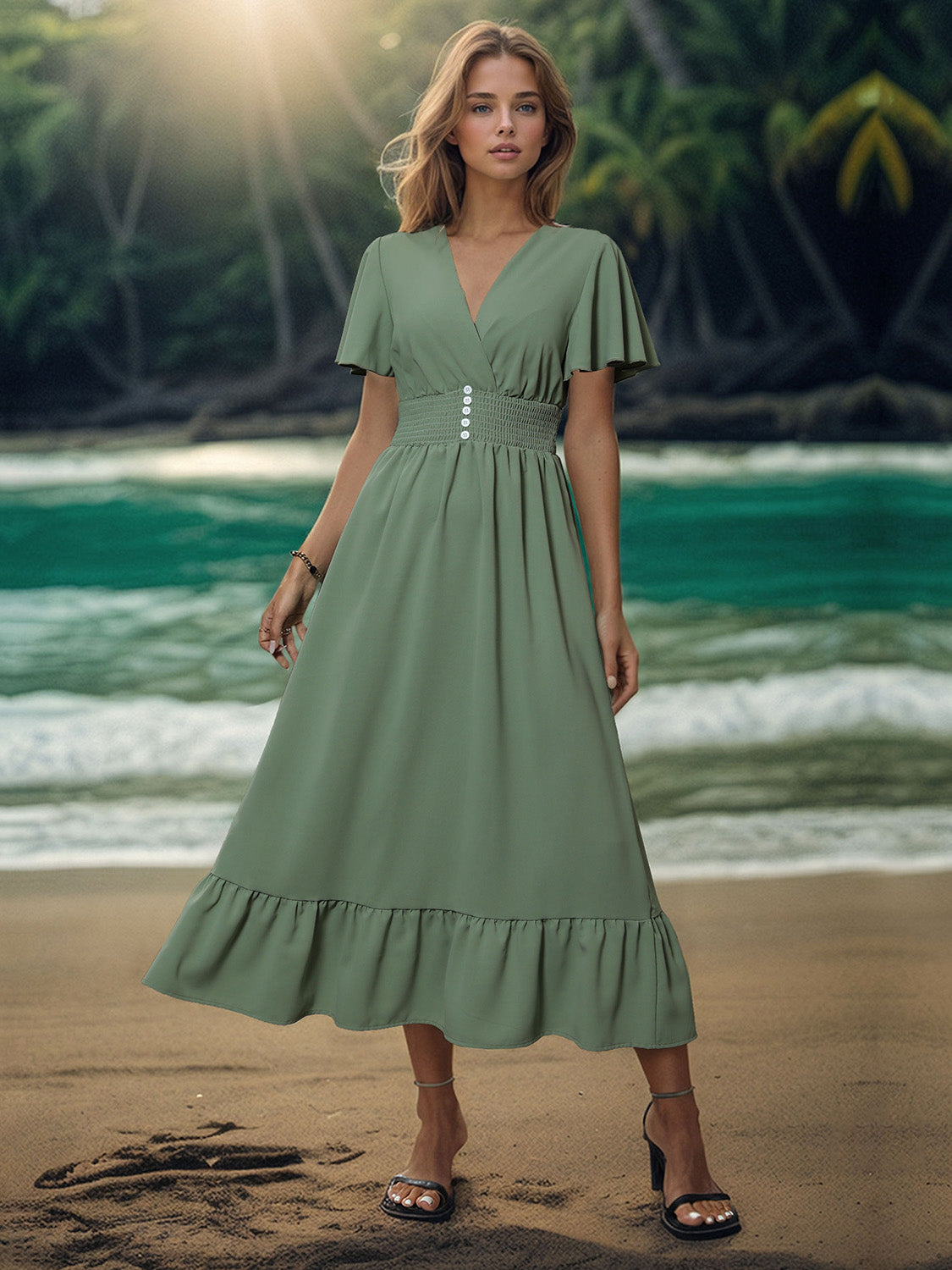 Elegant Summer Beach Wedding Guest Dresses for Women Over 50: Surplice Flutter Sleeve Midi Dress - Perfect Party Attire for Mature Ladies, Ideal for Older Guests Seeking Style and Comfort!