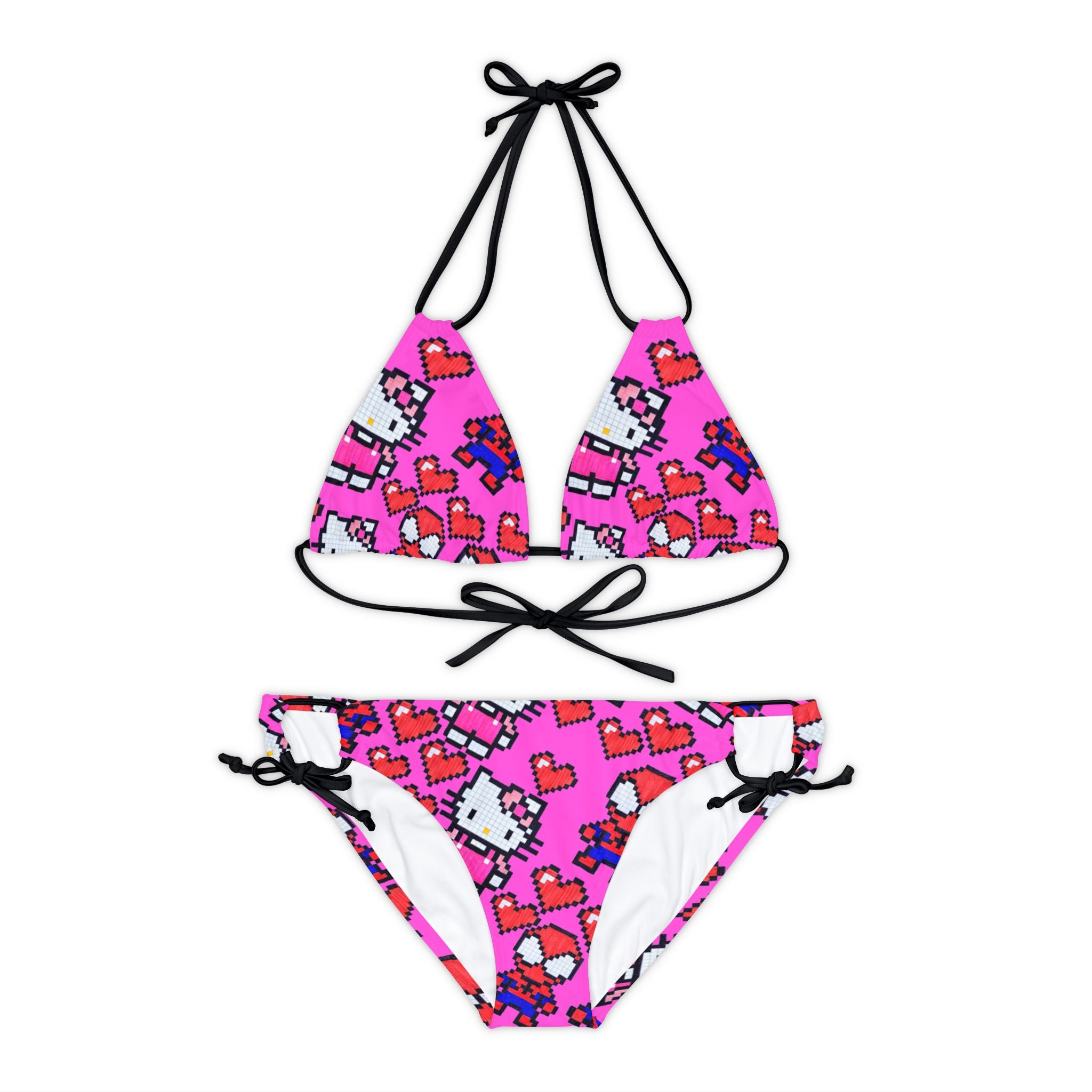 Strappy bikini set spider kitty pixel heart love valentine pink