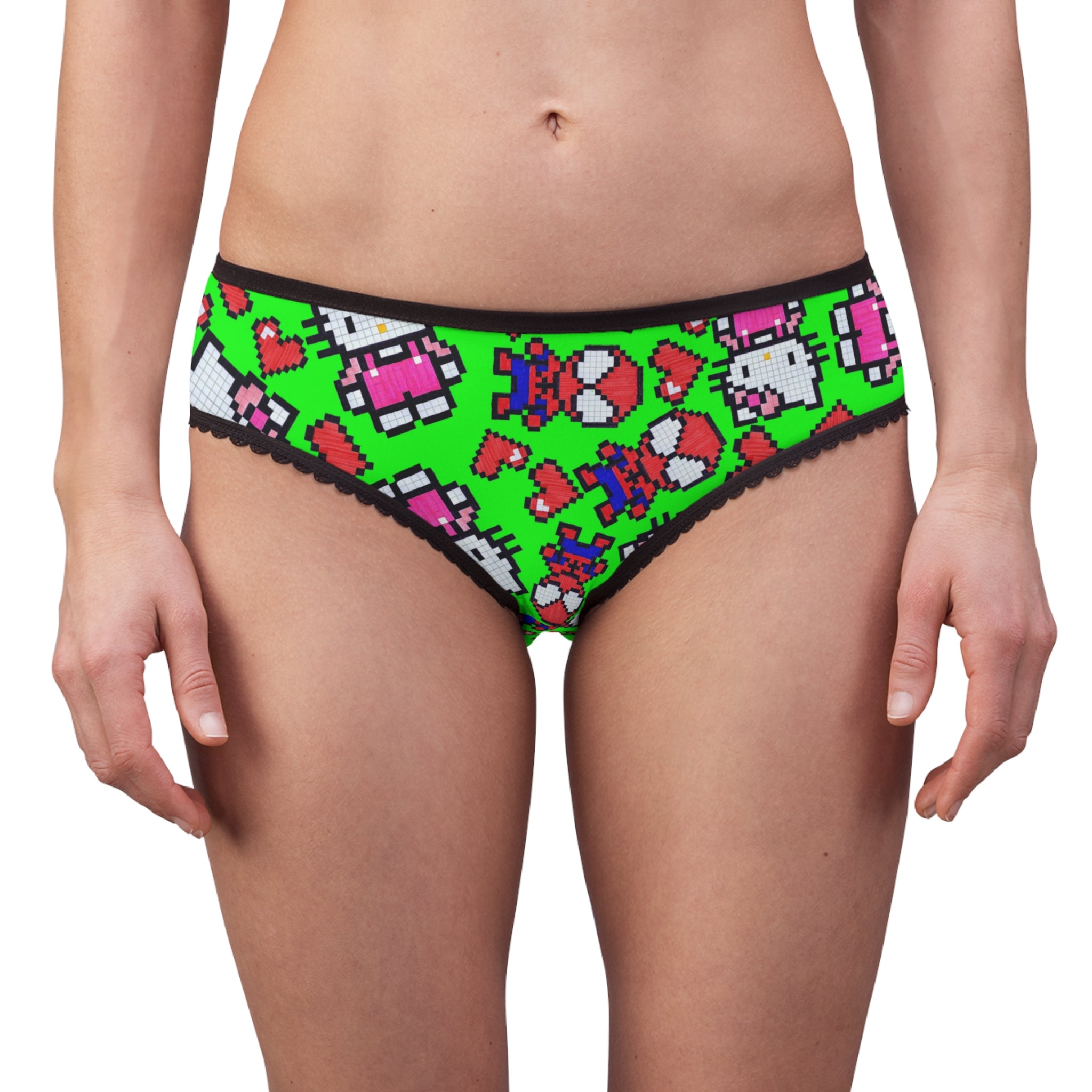 Women's briefs spider kitty pixel heart character love valentine green