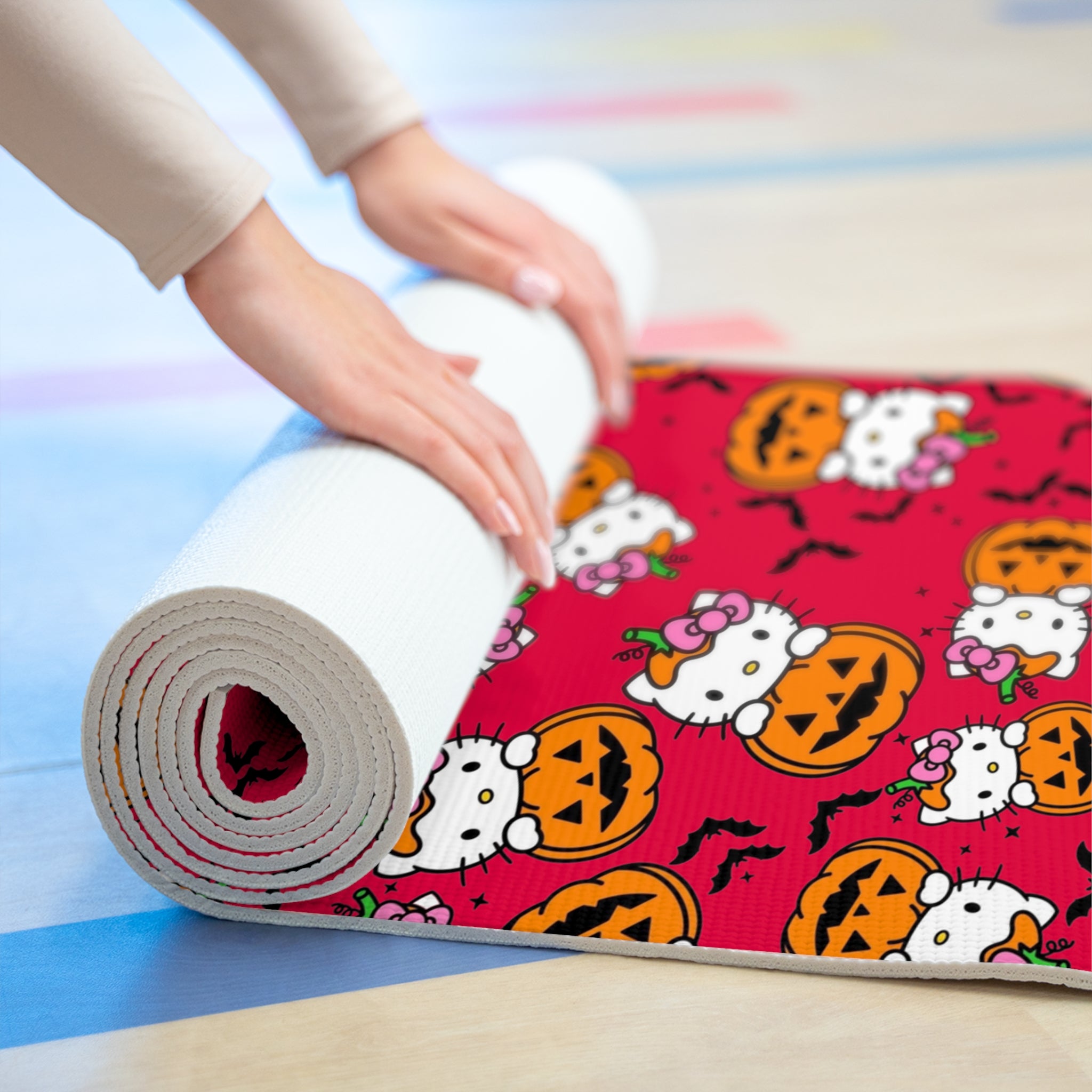 Foam yoga mat kitty hold pumpkin halloween red