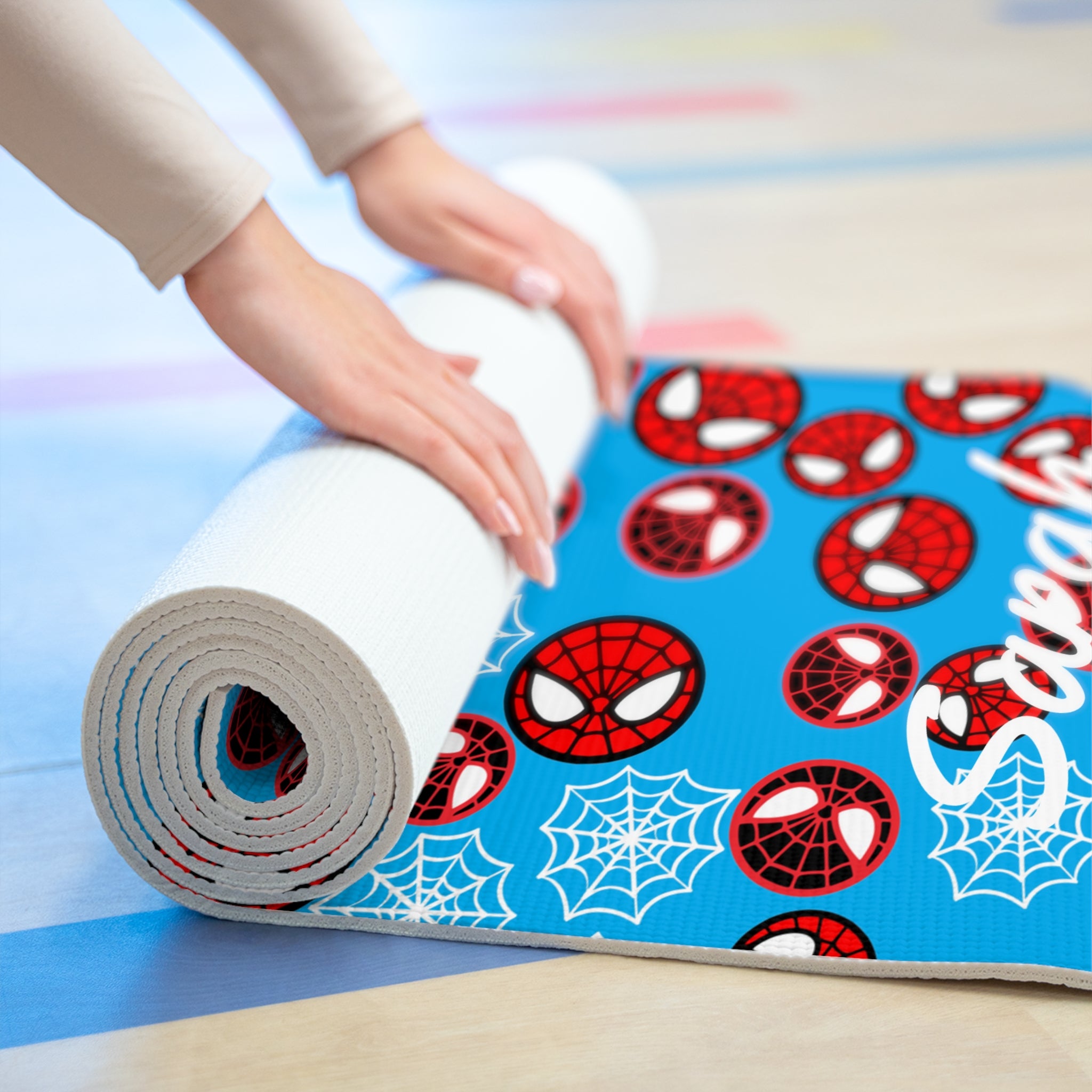 Custom name foam yoga mat spider circle web cyan